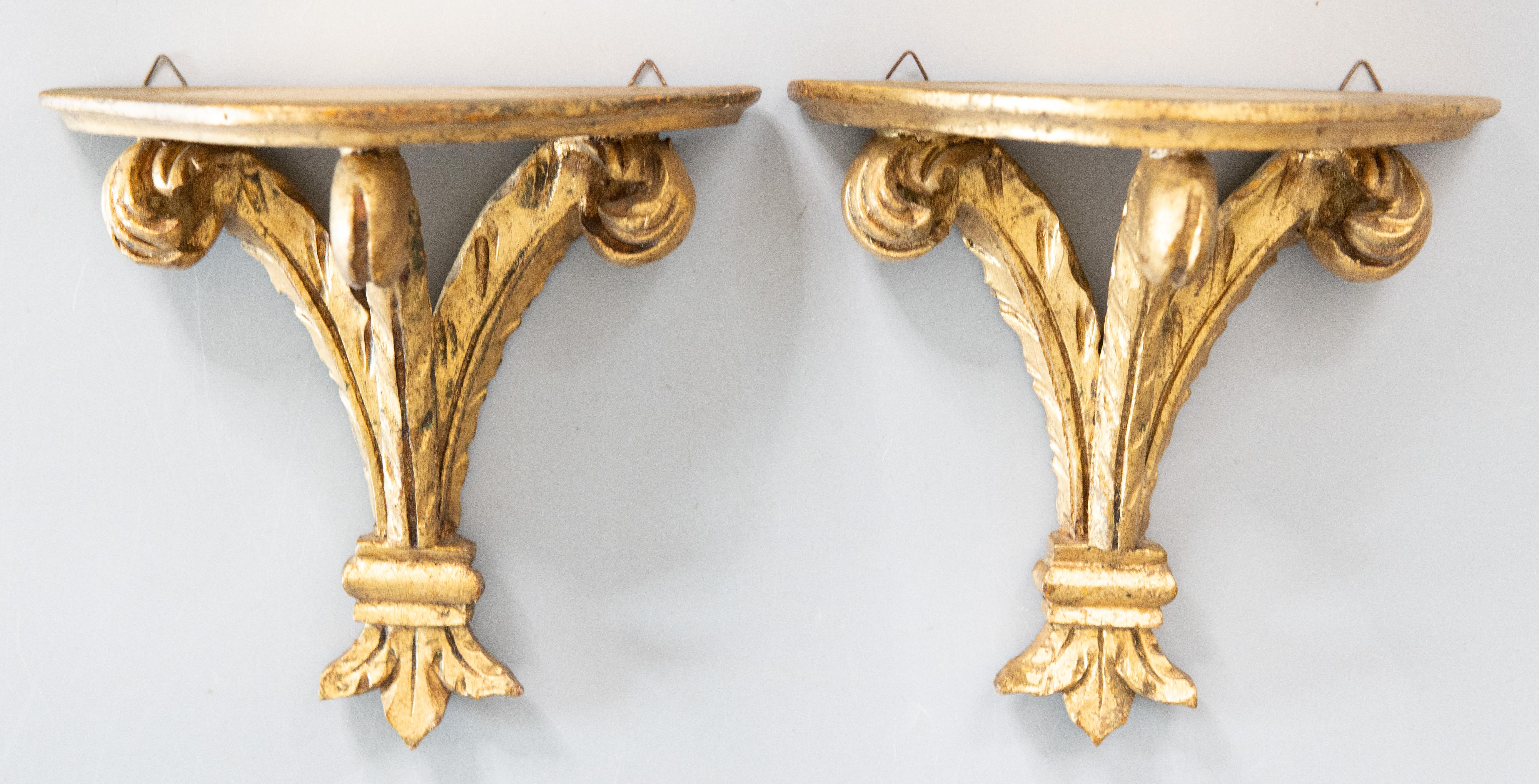 A lovely pair of vintage Italian giltwood and gesso wall brackets or shelves from Florence, Italy, circa 1950. These stylish brackets have a hand carved scrolling feathers design and beautiful gilt patina. They are perfect for displaying decorative