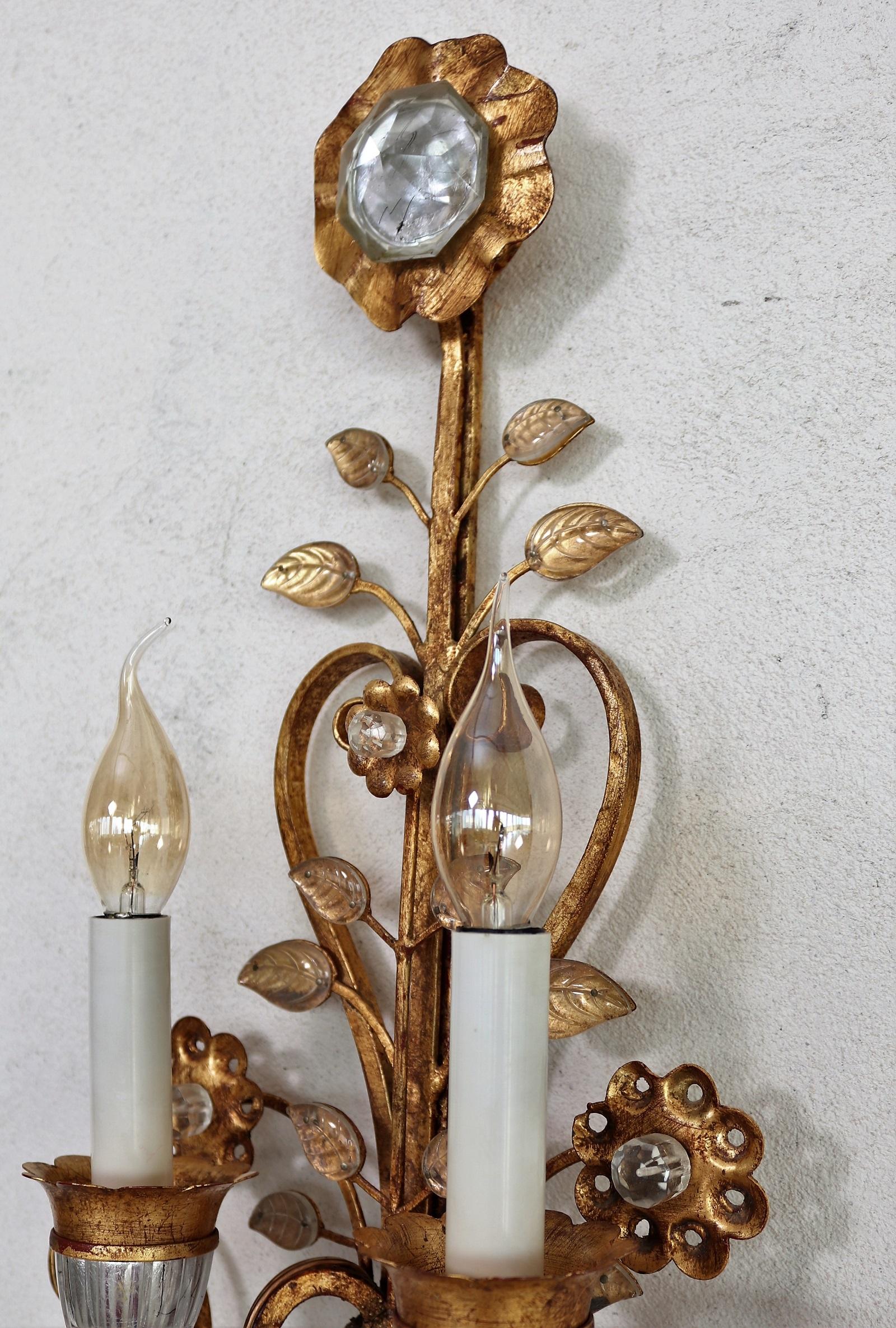 Italian Florentine Crystal and Gilt Iron Wall Sconces by Banci Florence, 1960s 6