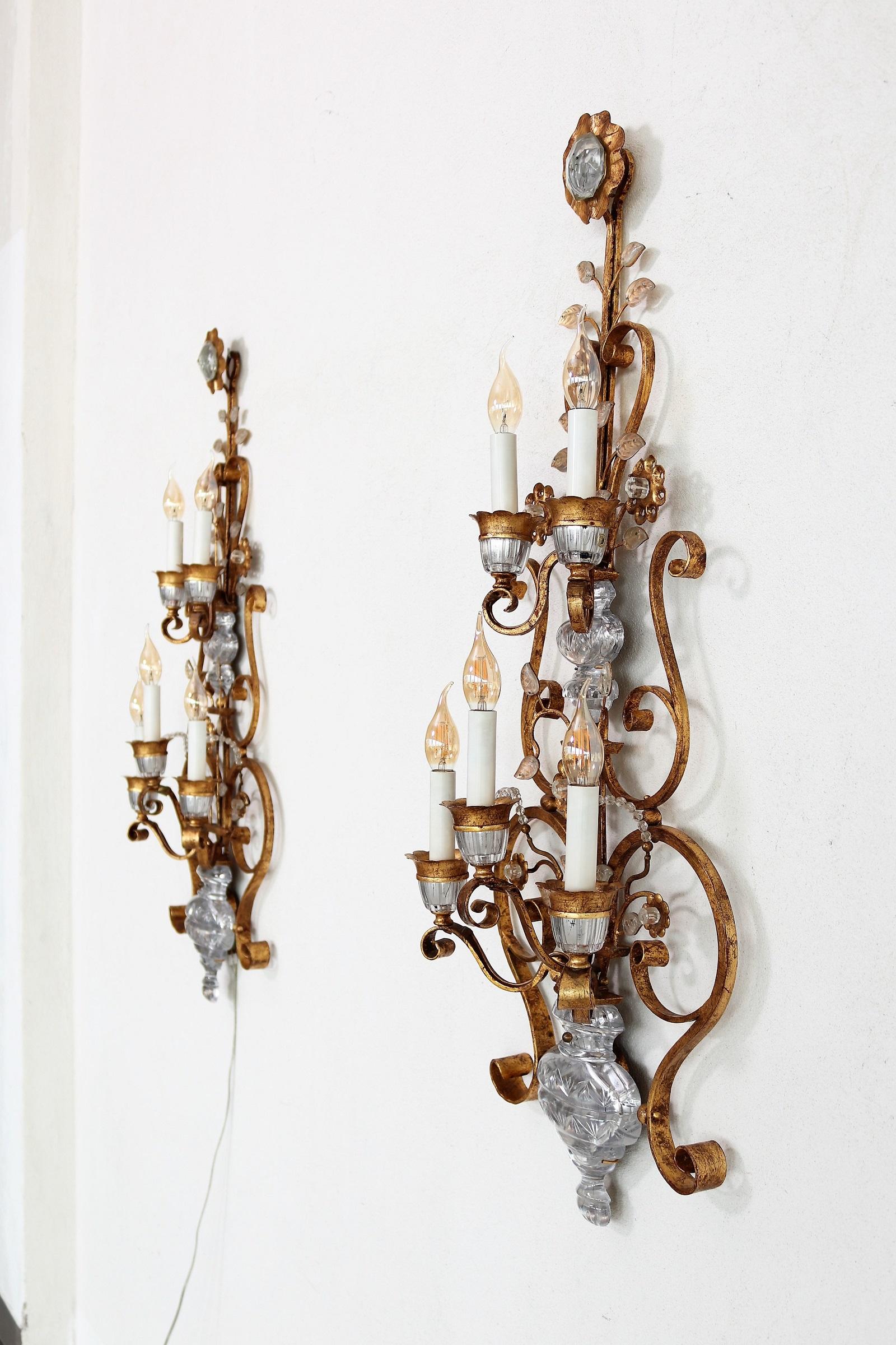 Italian Florentine Crystal and Gilt Iron Wall Sconces by Banci Florence, 1960s 8