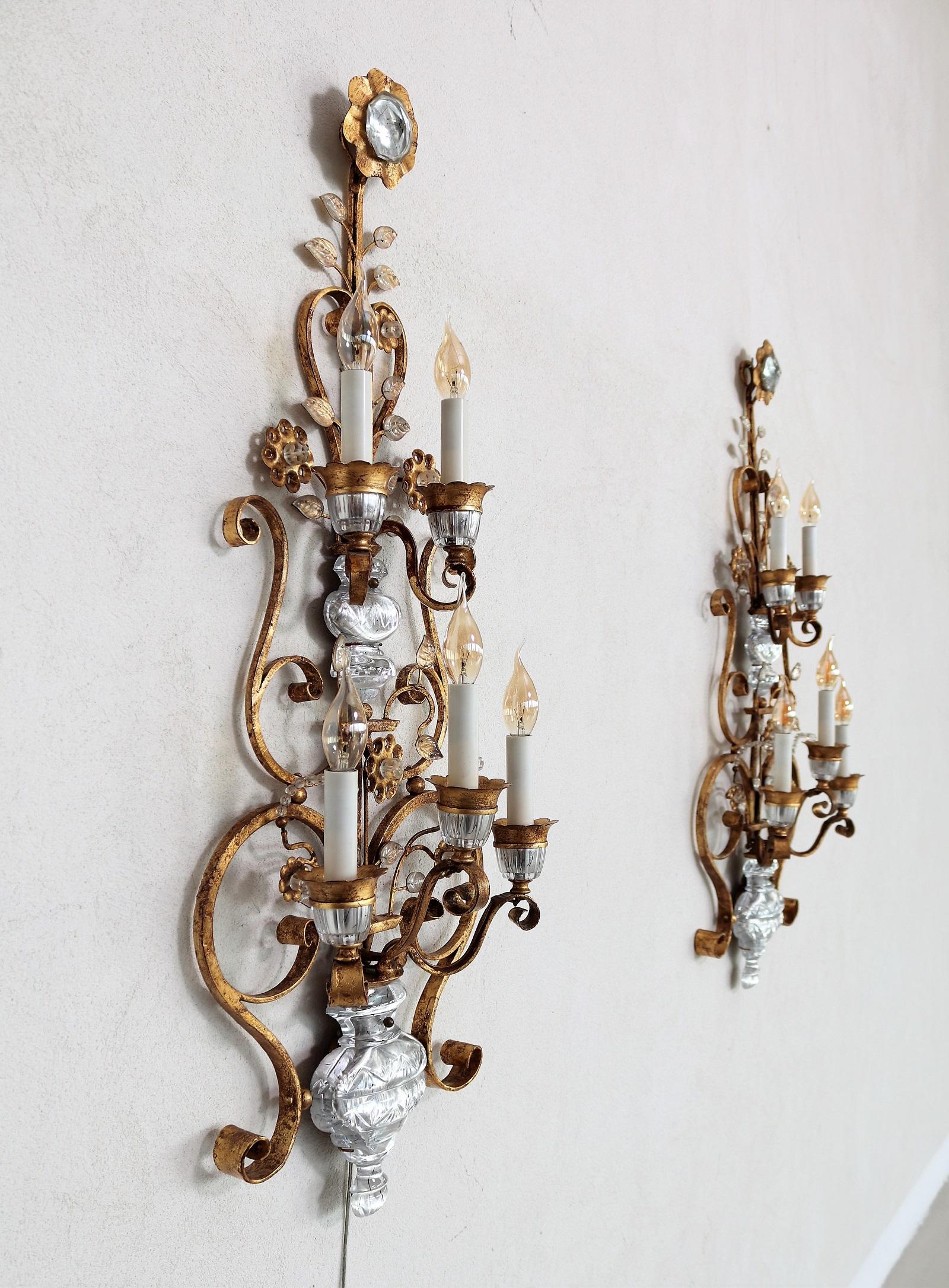 Italian Florentine Crystal and Gilt Iron Wall Sconces by Banci Florence, 1960s 9