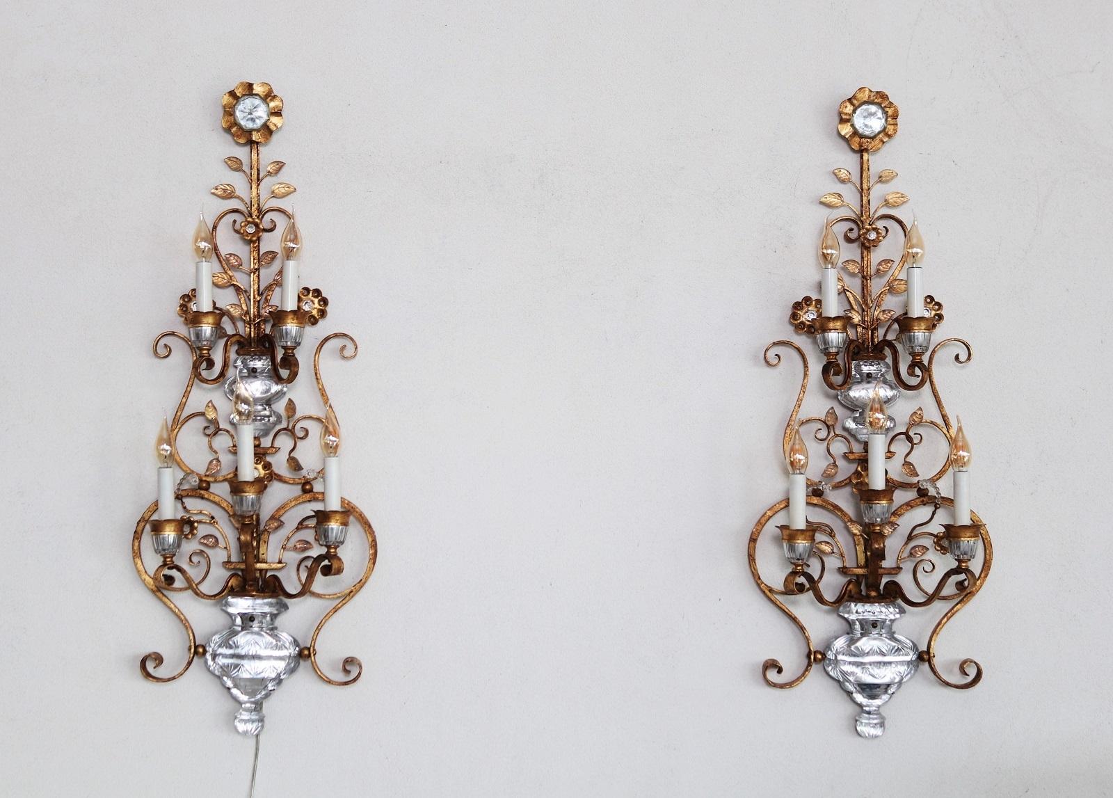 Italian Florentine Crystal and Gilt Iron Wall Sconces by Banci Florence, 1960s 10