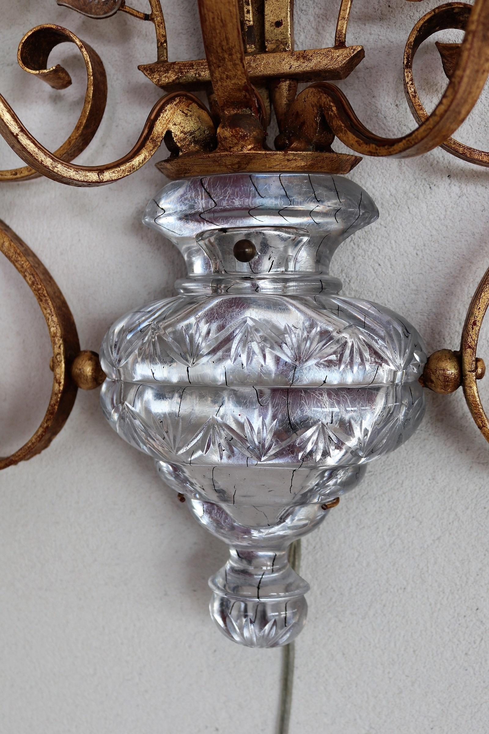 Italian Florentine Crystal and Gilt Iron Wall Sconces by Banci Florence, 1960s 12
