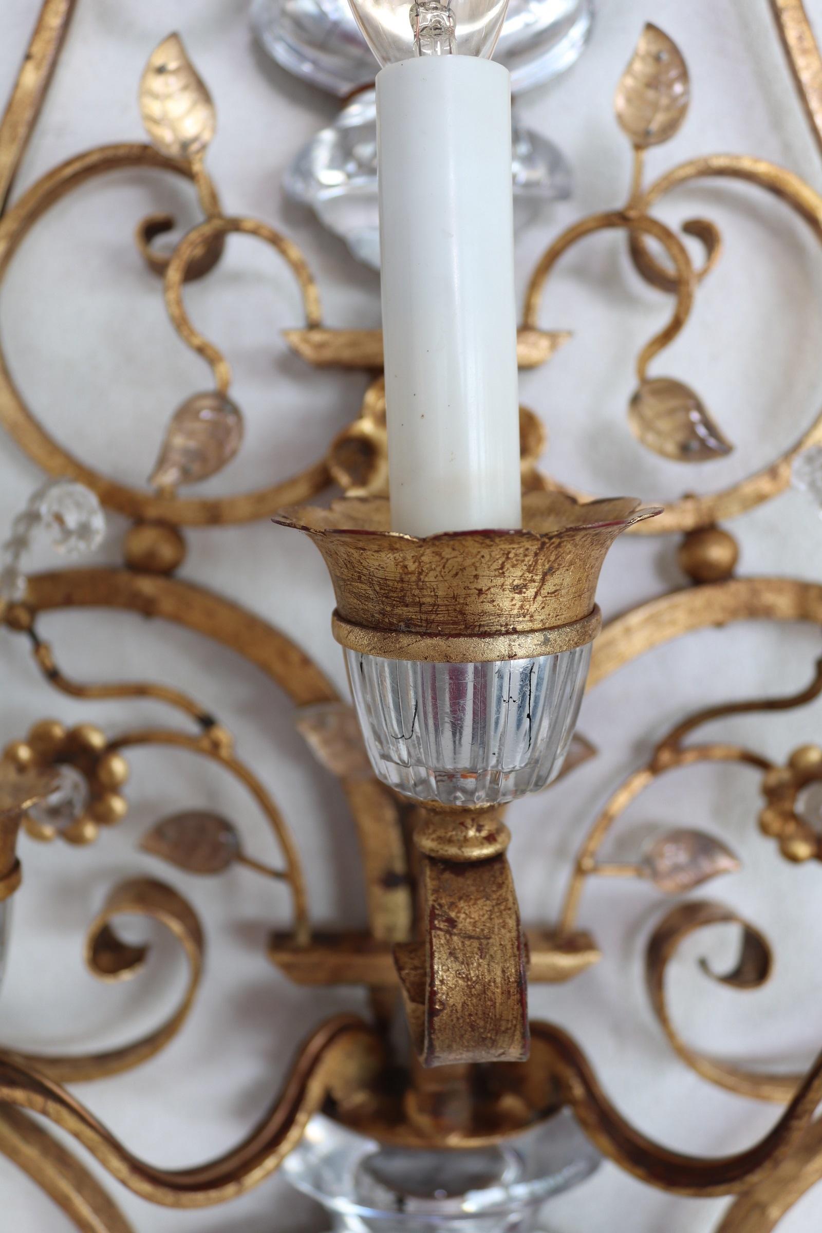 Italian Florentine Crystal and Gilt Iron Wall Sconces by Banci Florence, 1960s 13