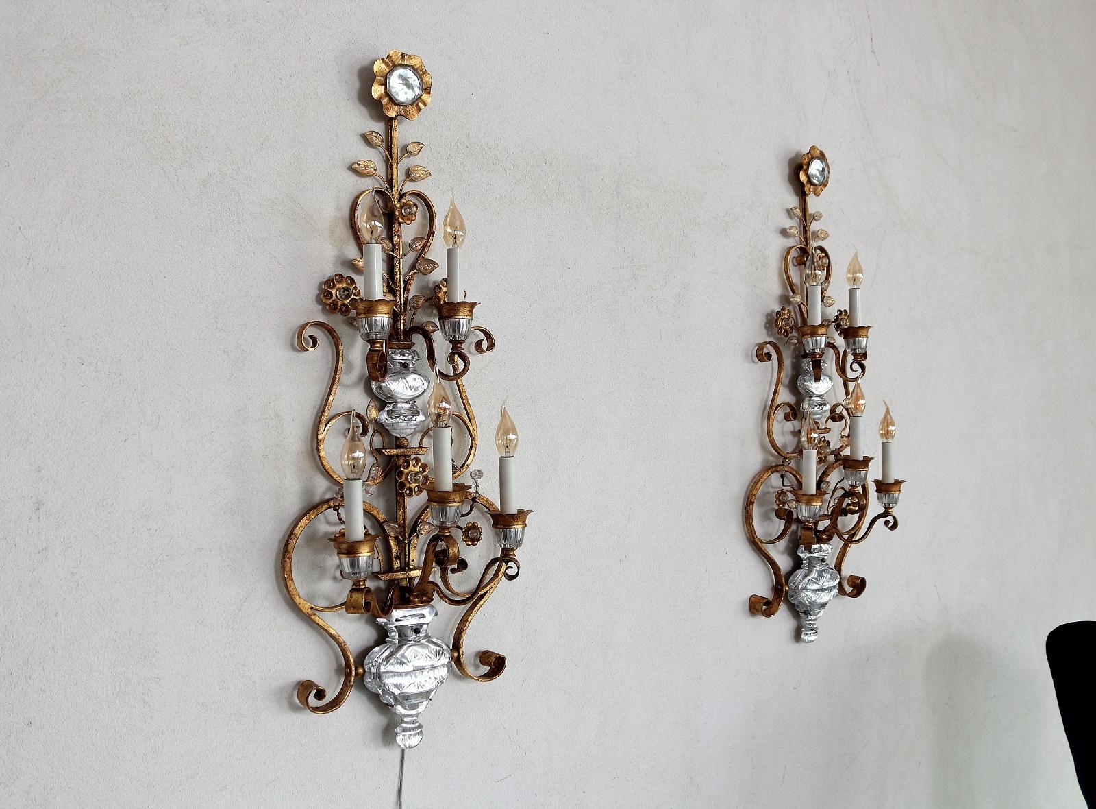 Italian Florentine Crystal and Gilt Iron Wall Sconces by Banci Florence, 1960s 14