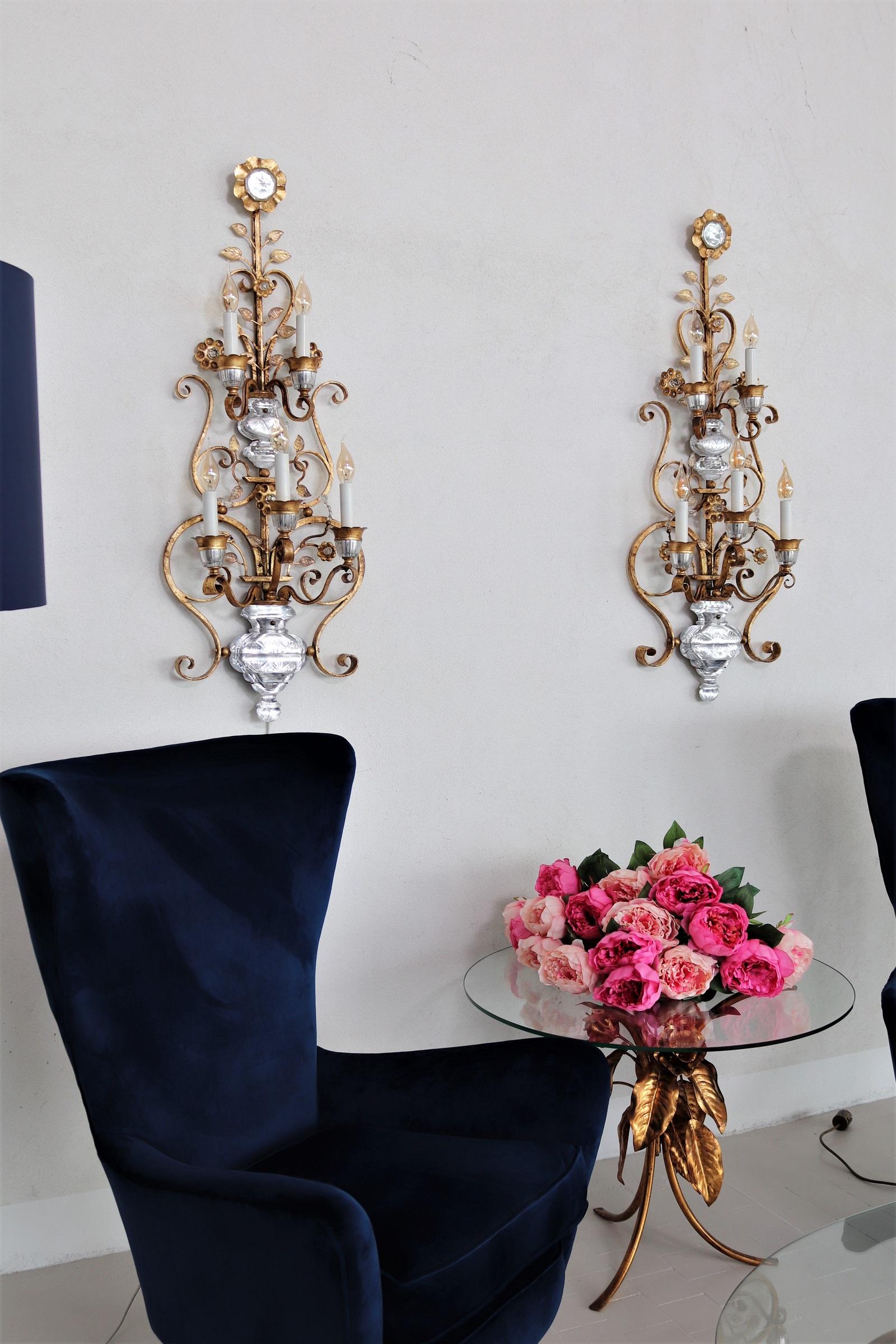 Mid-Century Modern Italian Florentine Crystal and Gilt Iron Wall Sconces by Banci Florence, 1960s