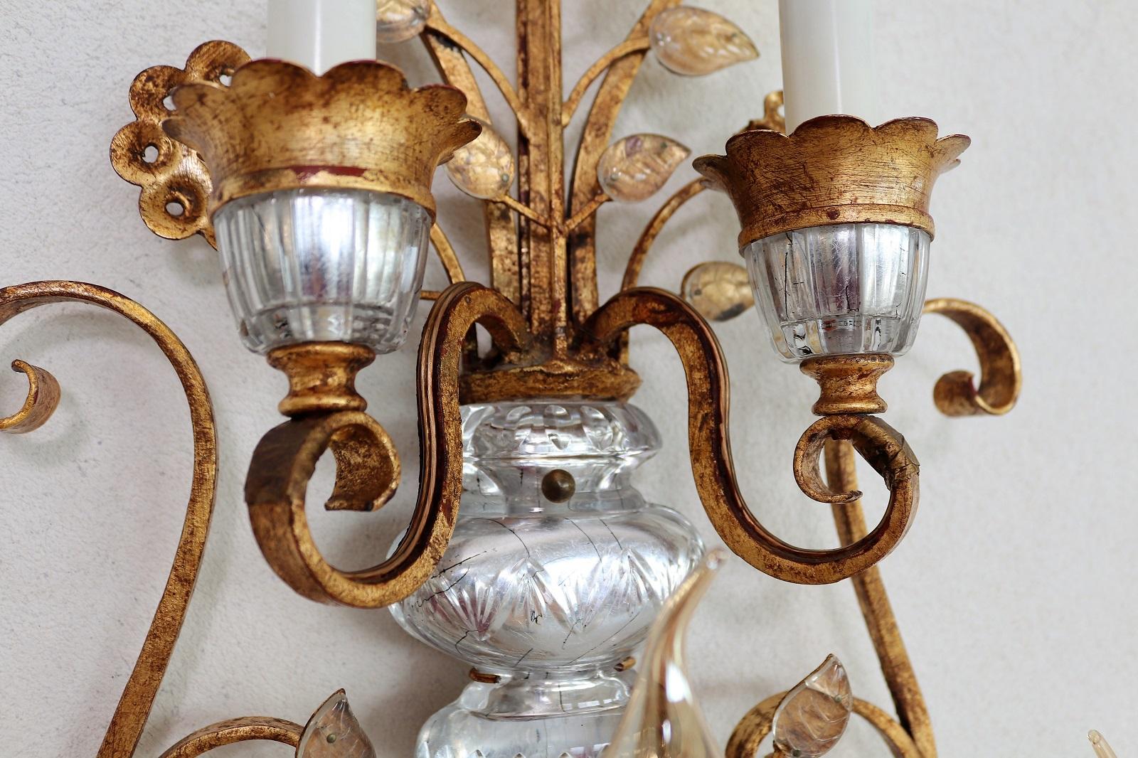 Wrought Iron Italian Florentine Crystal and Gilt Iron Wall Sconces by Banci Florence, 1960s