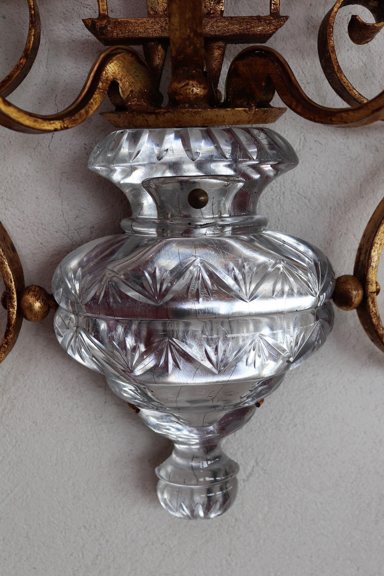 Italian Florentine Crystal and Gilt Iron Wall Sconces by Banci Florence, 1960s 2