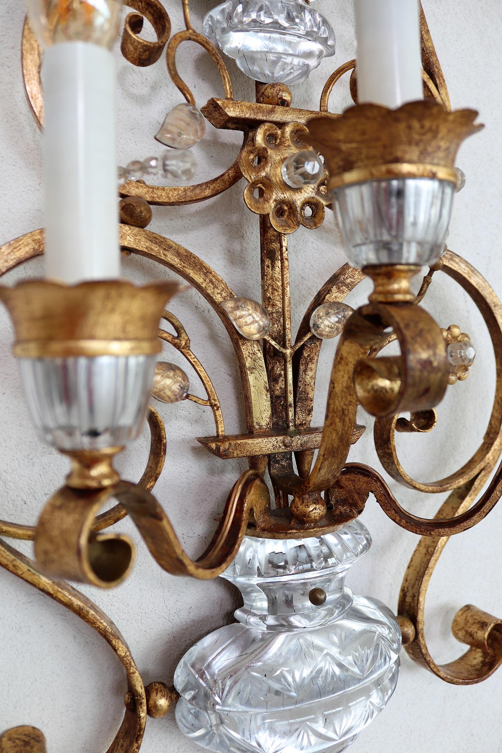 Italian Florentine Crystal and Gilt Iron Wall Sconces by Banci Florence, 1960s 3