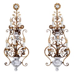 Italian Florentine Crystal and Gilt Iron Wall Sconces by Banci Florence, 1960s