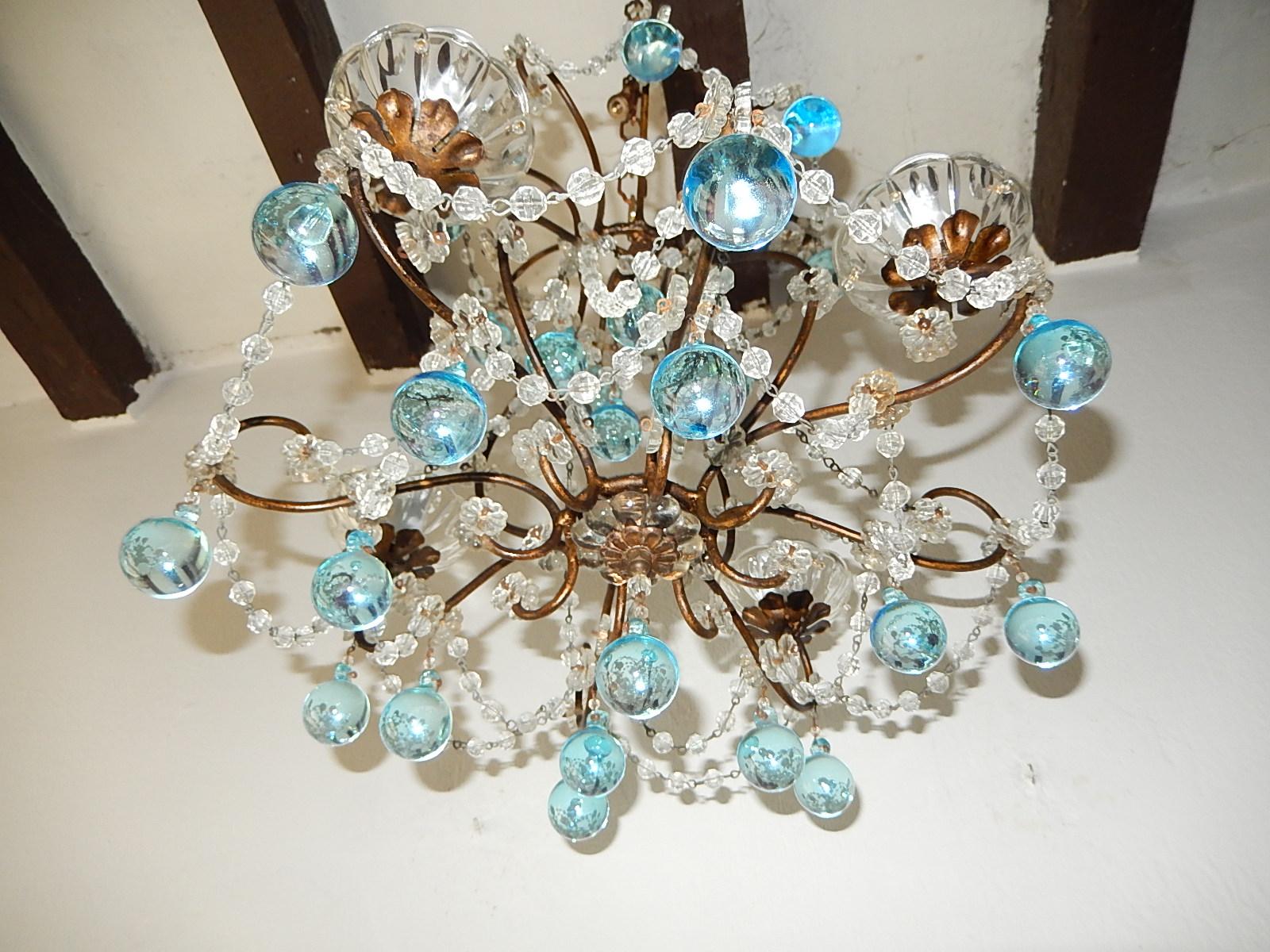 20th Century Italian Florentine Crystal Swags Aqua Blue Murano Drops Chandelier For Sale
