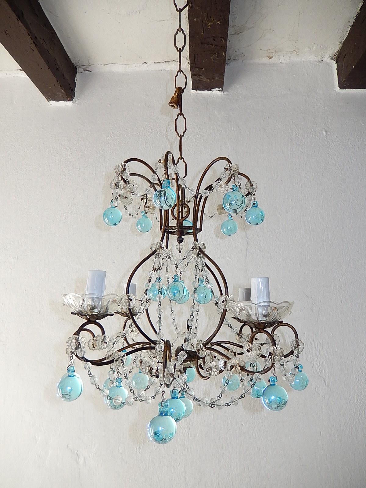 Italian Florentine Crystal Swags Aqua Blue Murano Drops Chandelier For Sale 4