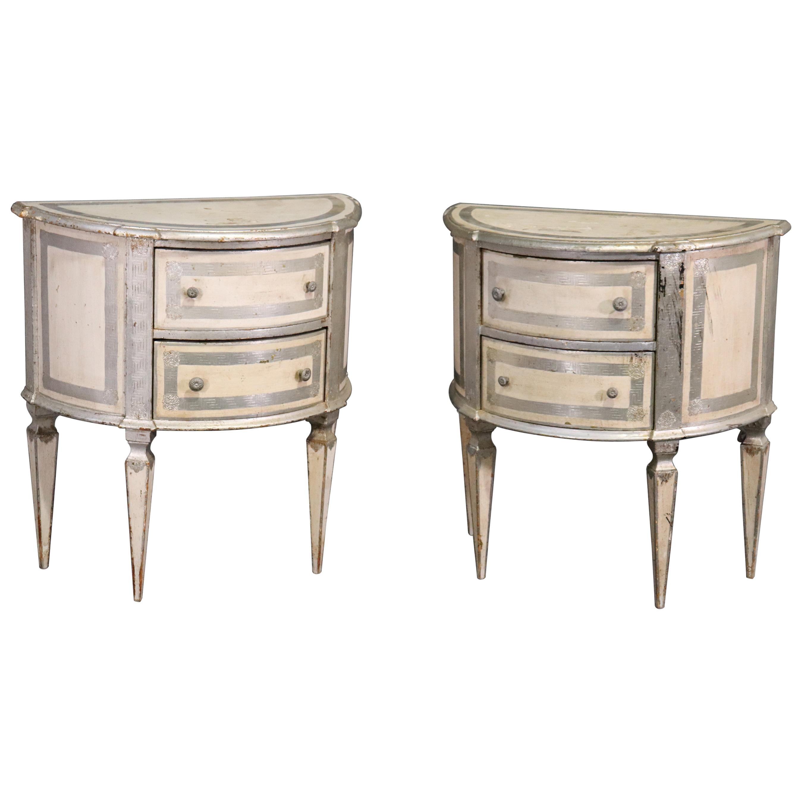 Italian Florentine Demilune Nightstands Commodes in Silver Leaf and White, Pair
