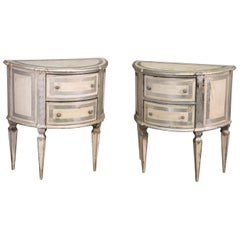 Italian Florentine Demilune Nightstands Commodes in Silver Leaf and White, Pair