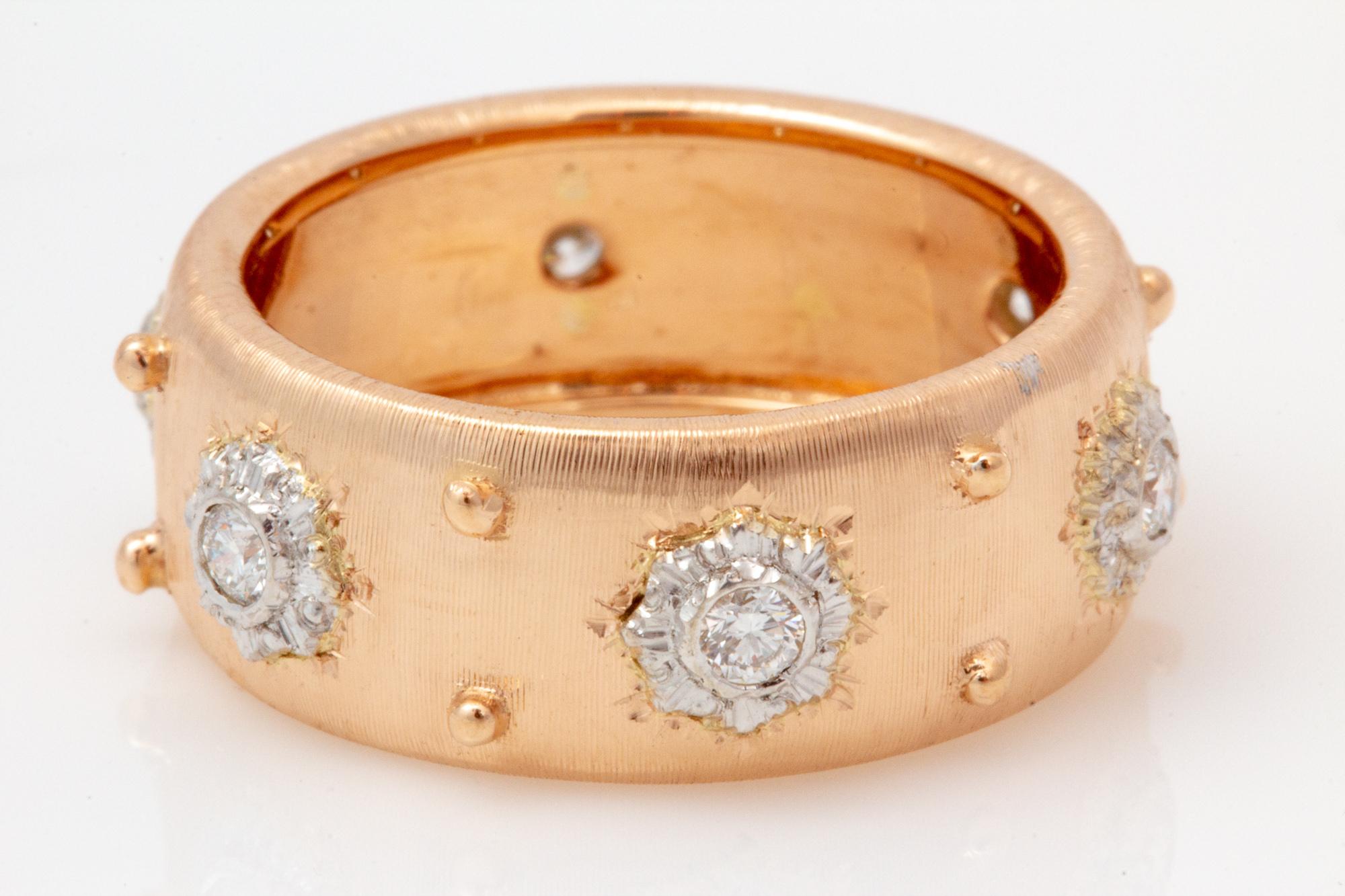 Artisan Italian Florentine Engraved Eternity Diamond Ring in 18 Karat Rose Gold For Sale
