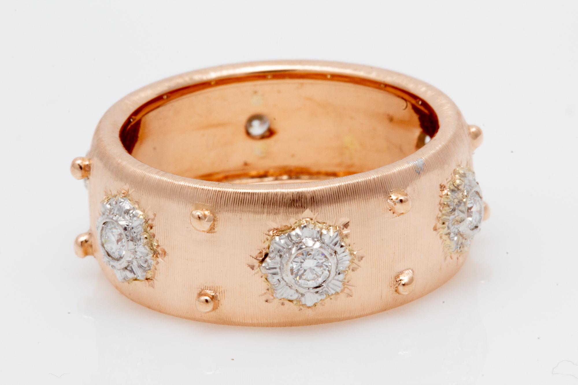 Round Cut Italian Florentine Engraved Eternity Diamond Ring in 18 Karat Rose Gold For Sale