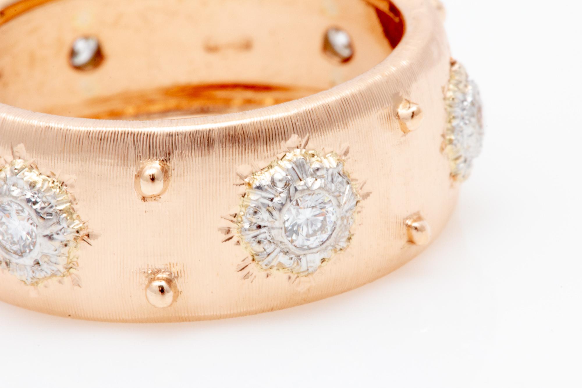Women's or Men's Italian Florentine Engraved Eternity Diamond Ring in 18 Karat Rose Gold For Sale