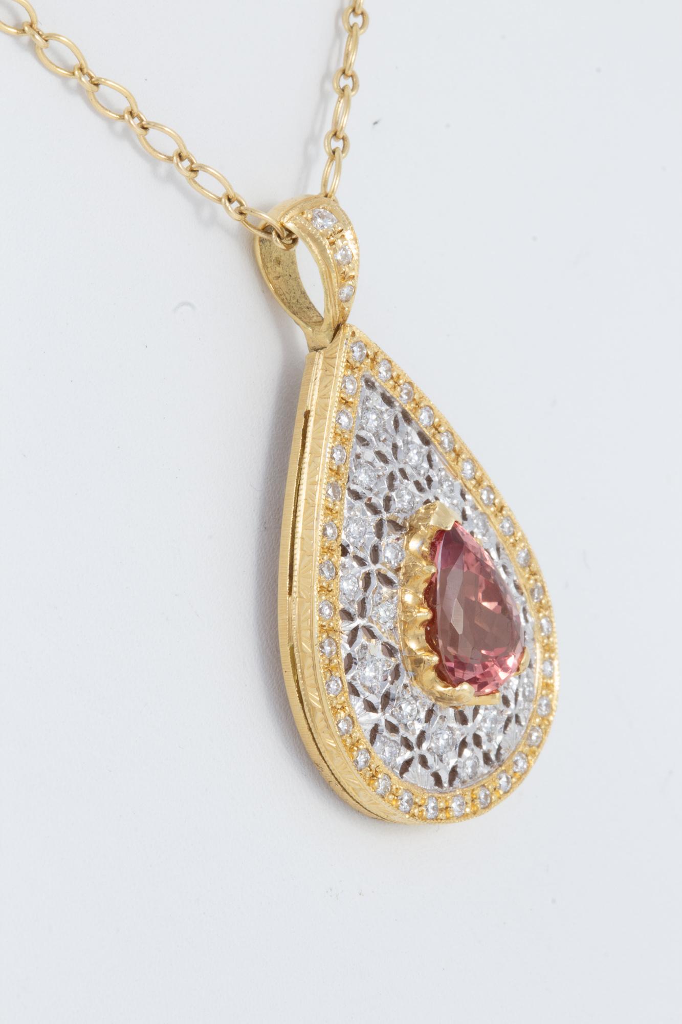 Pear Cut Italian Florentine Engraved Pendant Featuring 2.63 carat Imperial Topaz For Sale