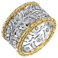 Italian Florentine Eternity Band with Diamonds in White and Yellow Gold