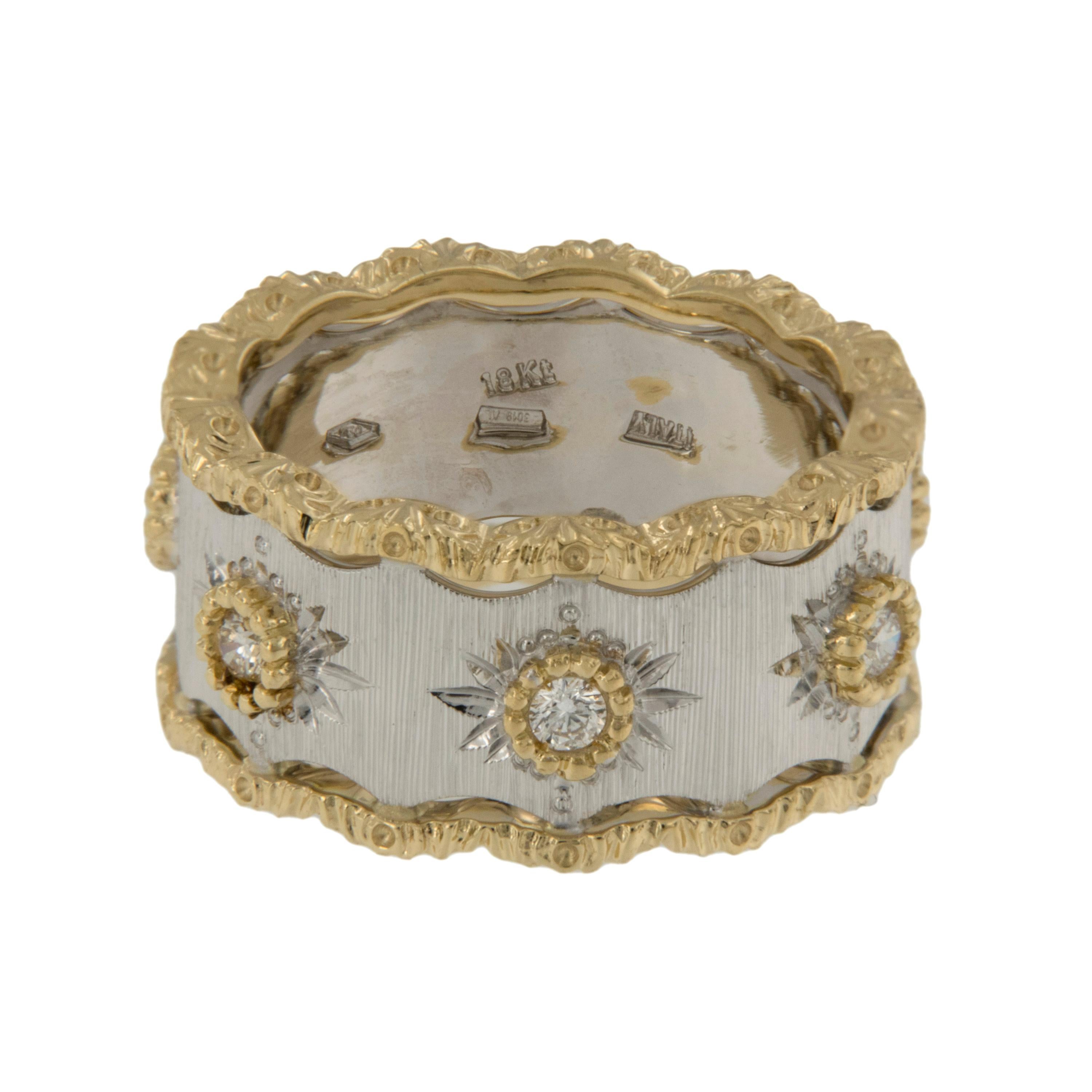 Ring is inspired by the classic Buccellati design featuring textured gold made to look like fine fabric. This exquisite ring has a sheen similar to silk and is outstanding with it's royal 18 karat white and yellow gold combination, perfectly set off