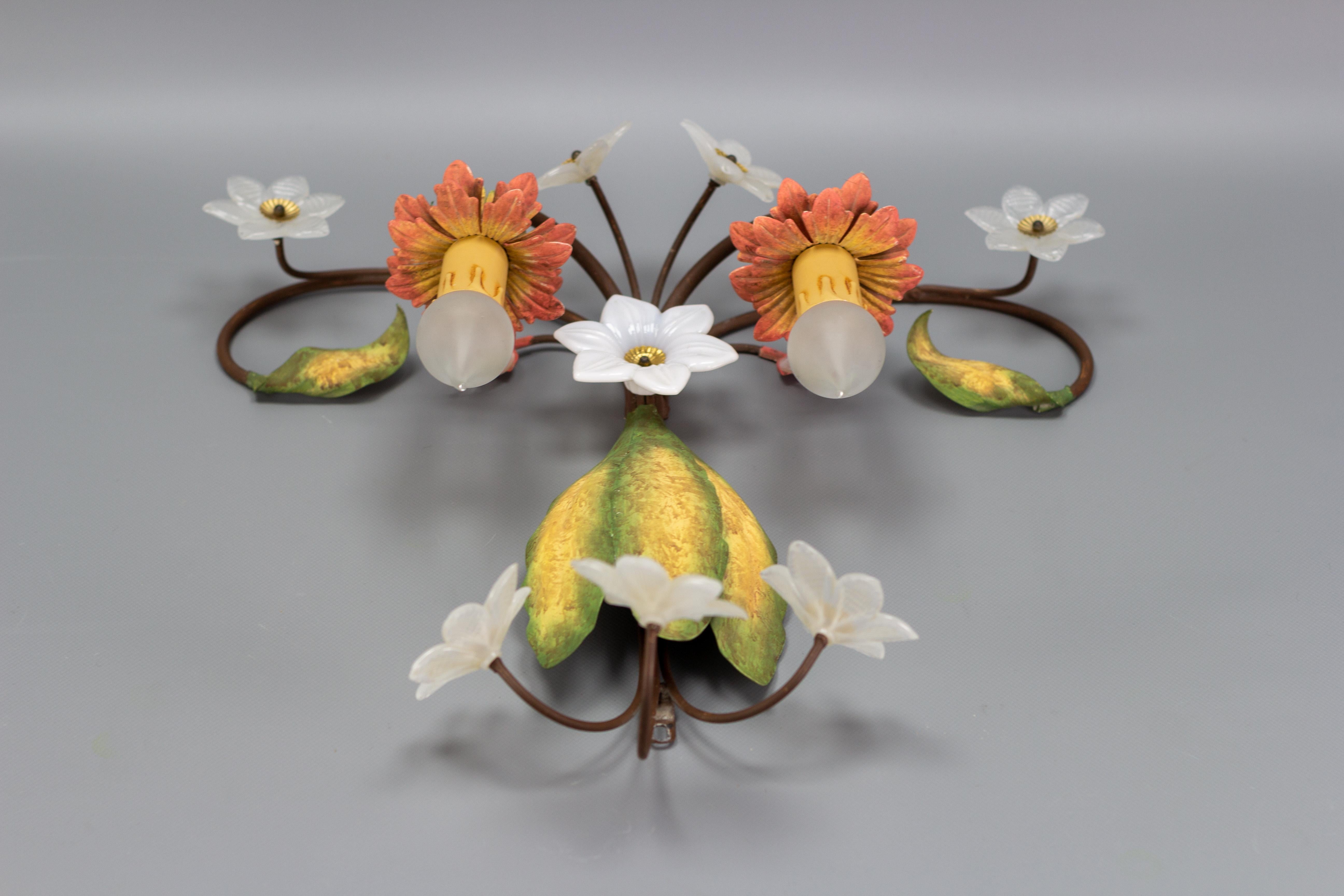 Italian Florentine Flower and Leaf Two-Light Polychrome Metal and Glass Sconce For Sale 9