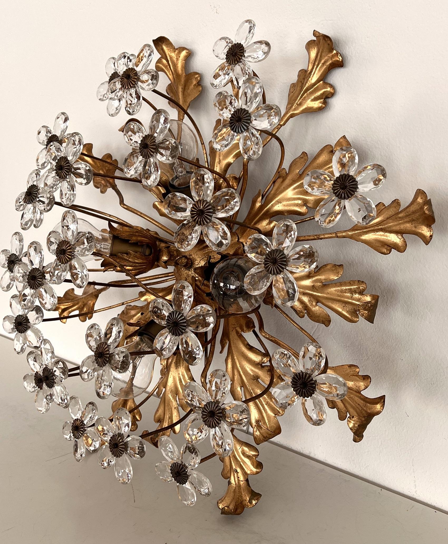 Italian Florentine Flush Mount Light with Murano Glass Flowers by Banci Florence For Sale 4
