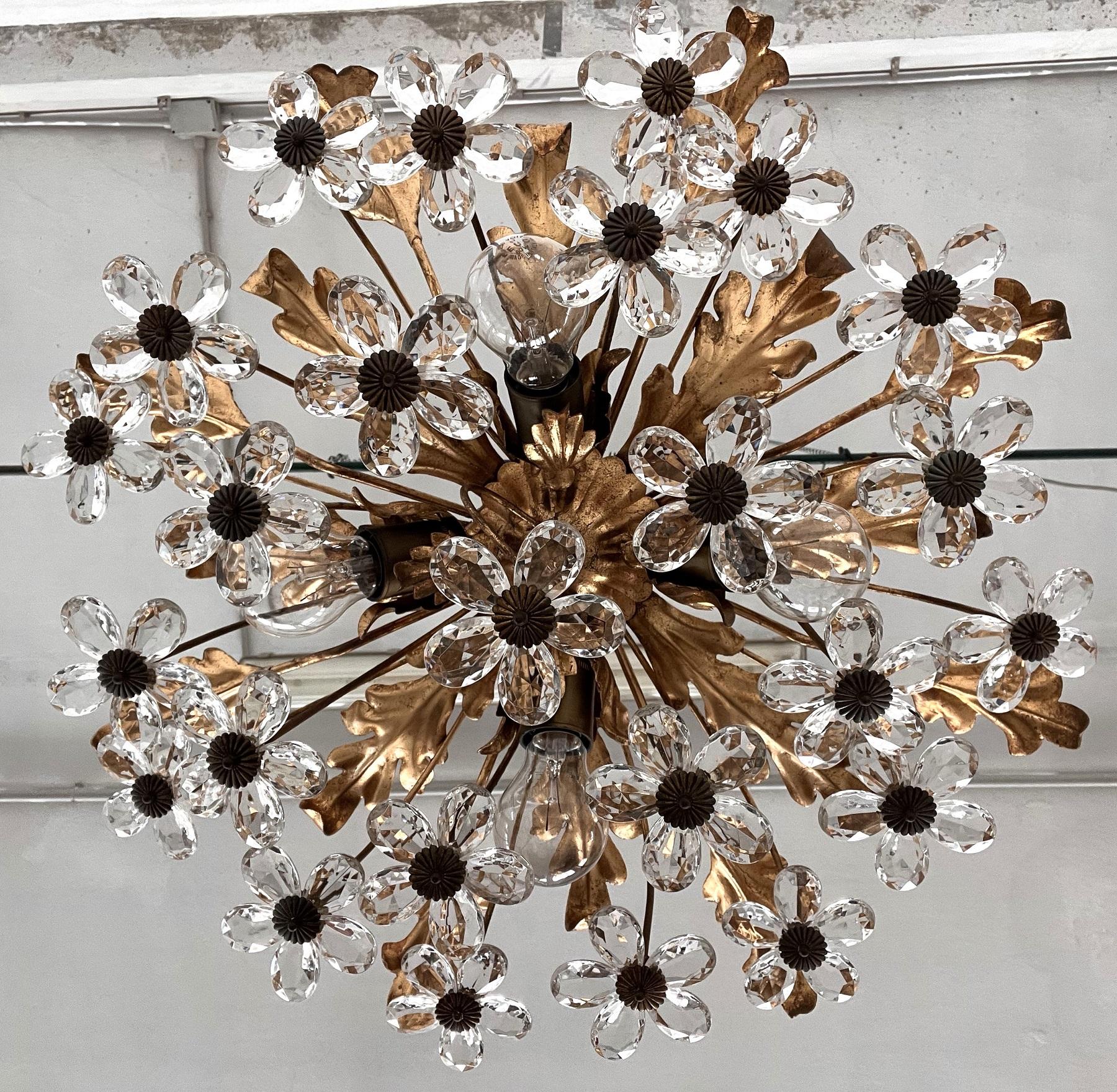 Italian Florentine Flush Mount Light with Murano Glass Flowers by Banci Florence For Sale 1