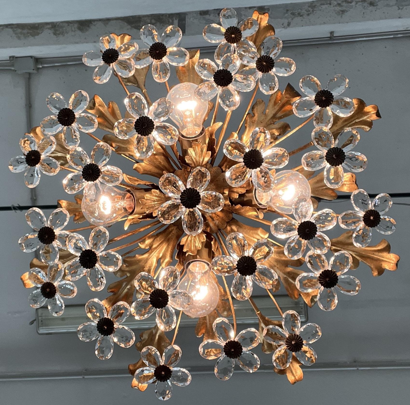 Italian Florentine Flush Mount Light with Murano Glass Flowers by Banci Florence For Sale 2