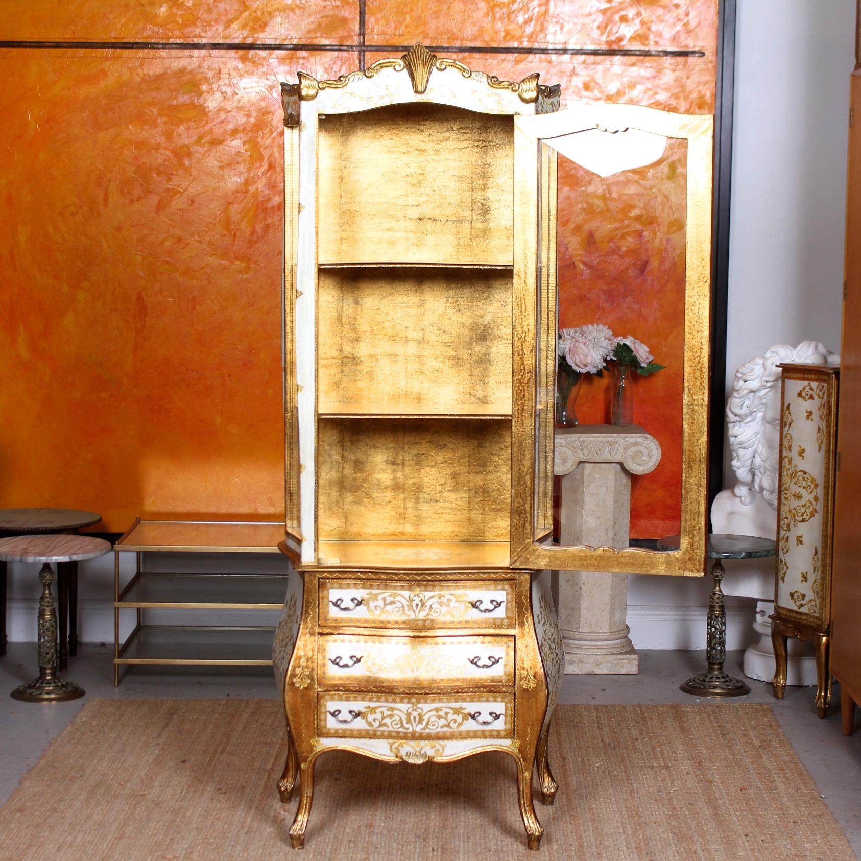 Other Italian Florentine Gilded Bombe Display Cabinet on Chest Glazed Vintrine For Sale