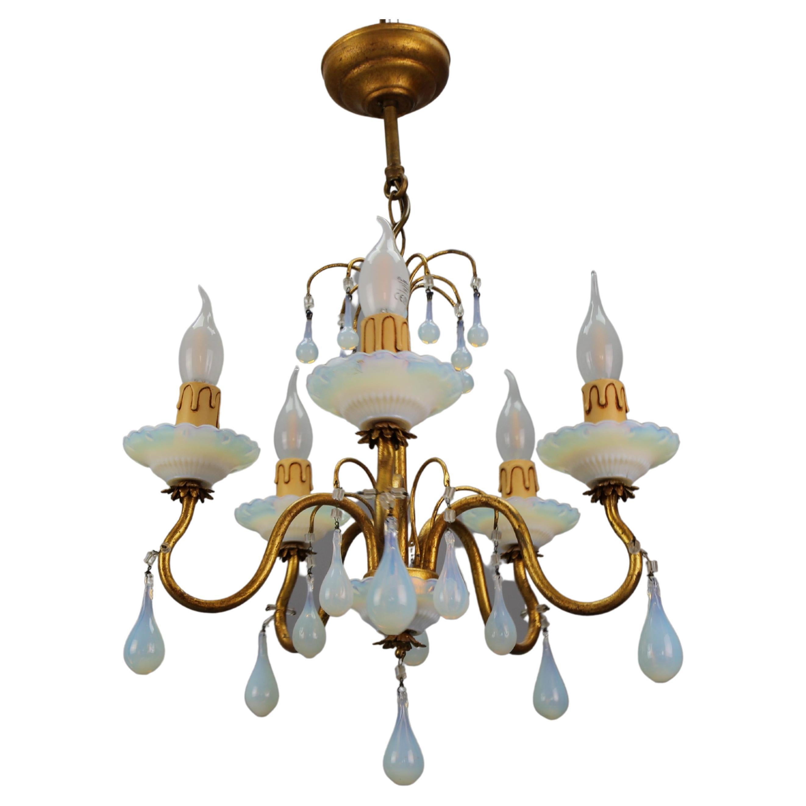 Italian Florentine Gilt Metal and White Opalescent Glass Five-Light Chandelier For Sale