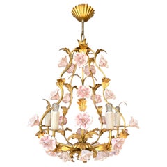Italian Florentine Gilt Metal Chandelier with Pink Porcelain Roses, 1970s
