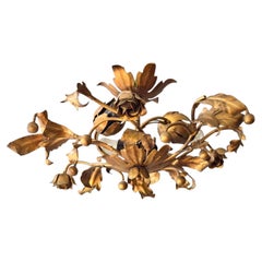 Italian Florentine Gilt Metal Flush Mount Ceiling Light with Roses and Leaves, 1