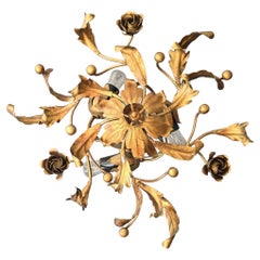 Italian Florentine Gilt Metal Flush Mount Ceiling Light with Roses and Leaves, 1