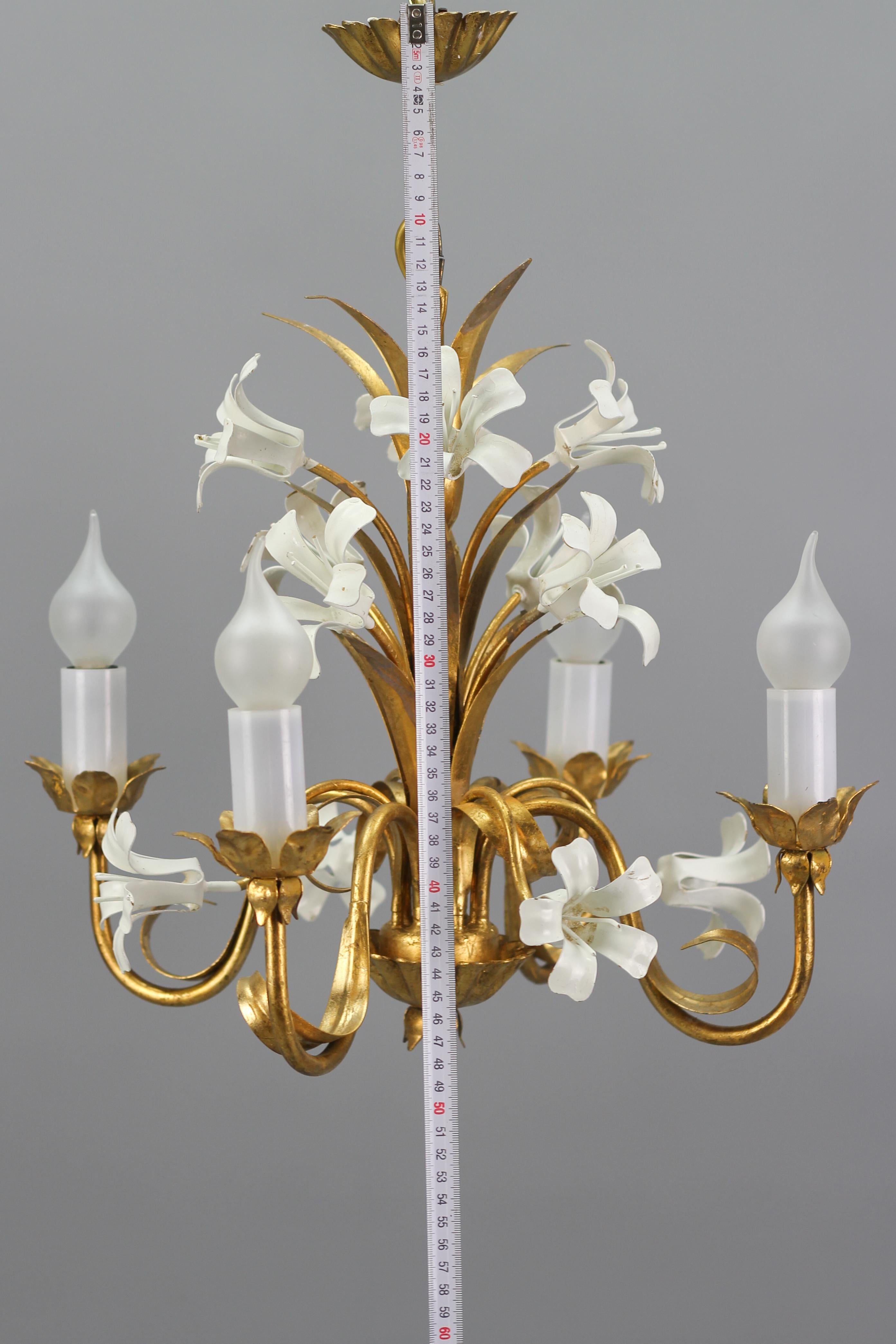 Hollywood Regency Style Gilt Metal Four-Light Chandelier with White Lily Flowers For Sale 13