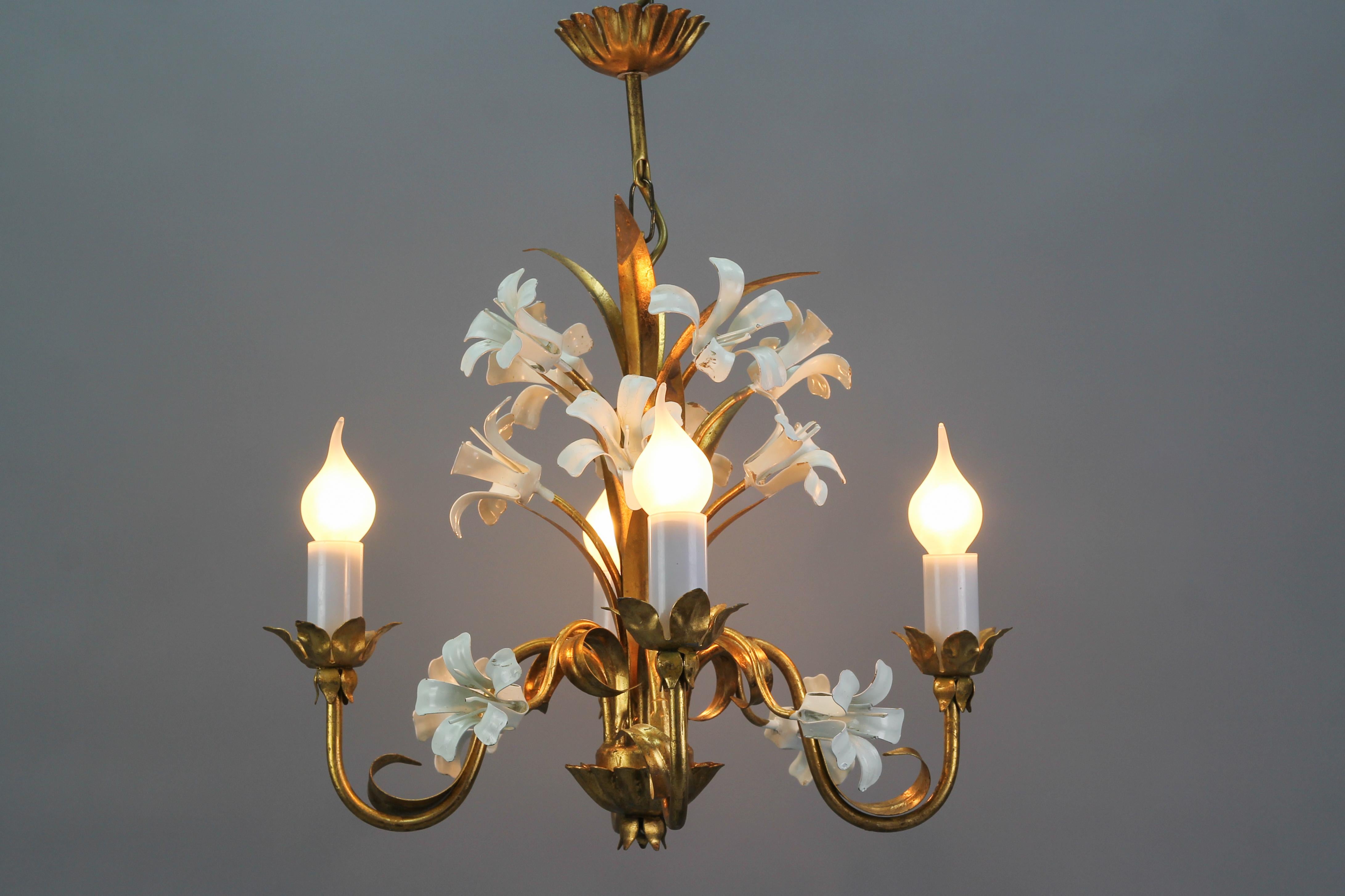 Italian Hollywood Regency Style Gilt Metal Four-Light Chandelier with White Lily Flowers For Sale