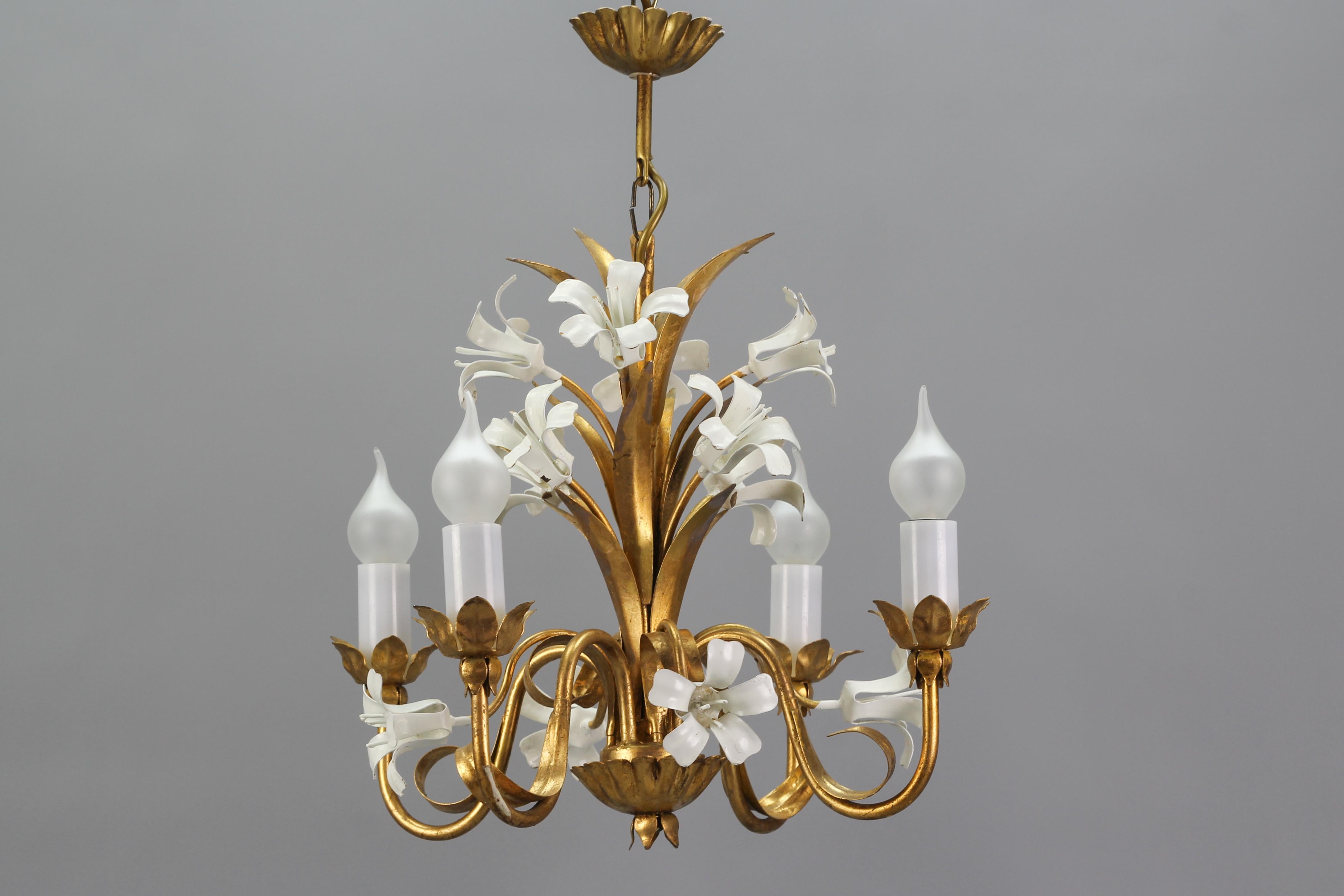 Late 20th Century Hollywood Regency Style Gilt Metal Four-Light Chandelier with White Lily Flowers For Sale