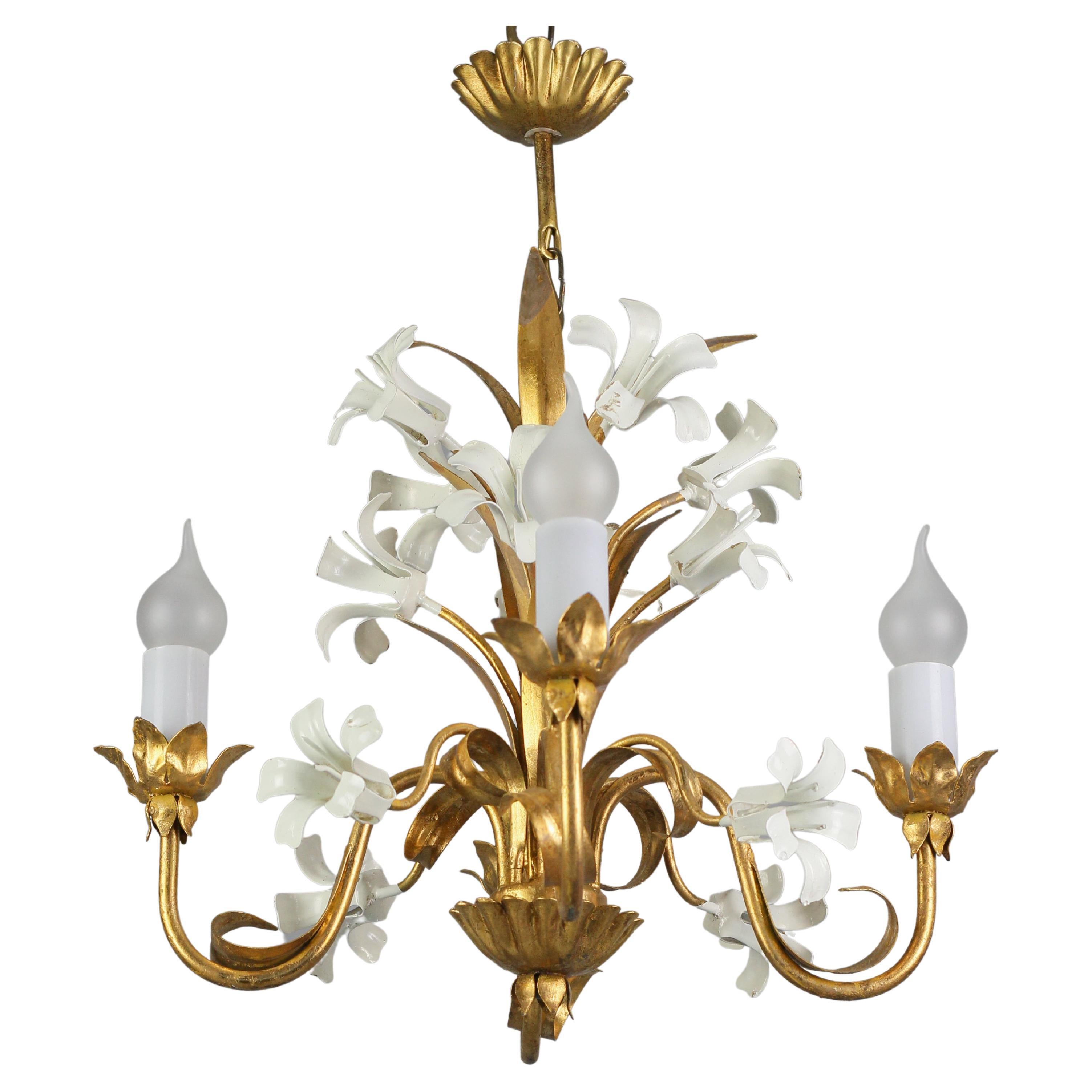 Hollywood Regency Style Gilt Metal Four-Light Chandelier with White Lily Flowers For Sale