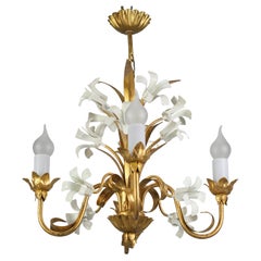 Hollywood Regency Style Gilt Metal Four-Light Chandelier with White Lily Flowers