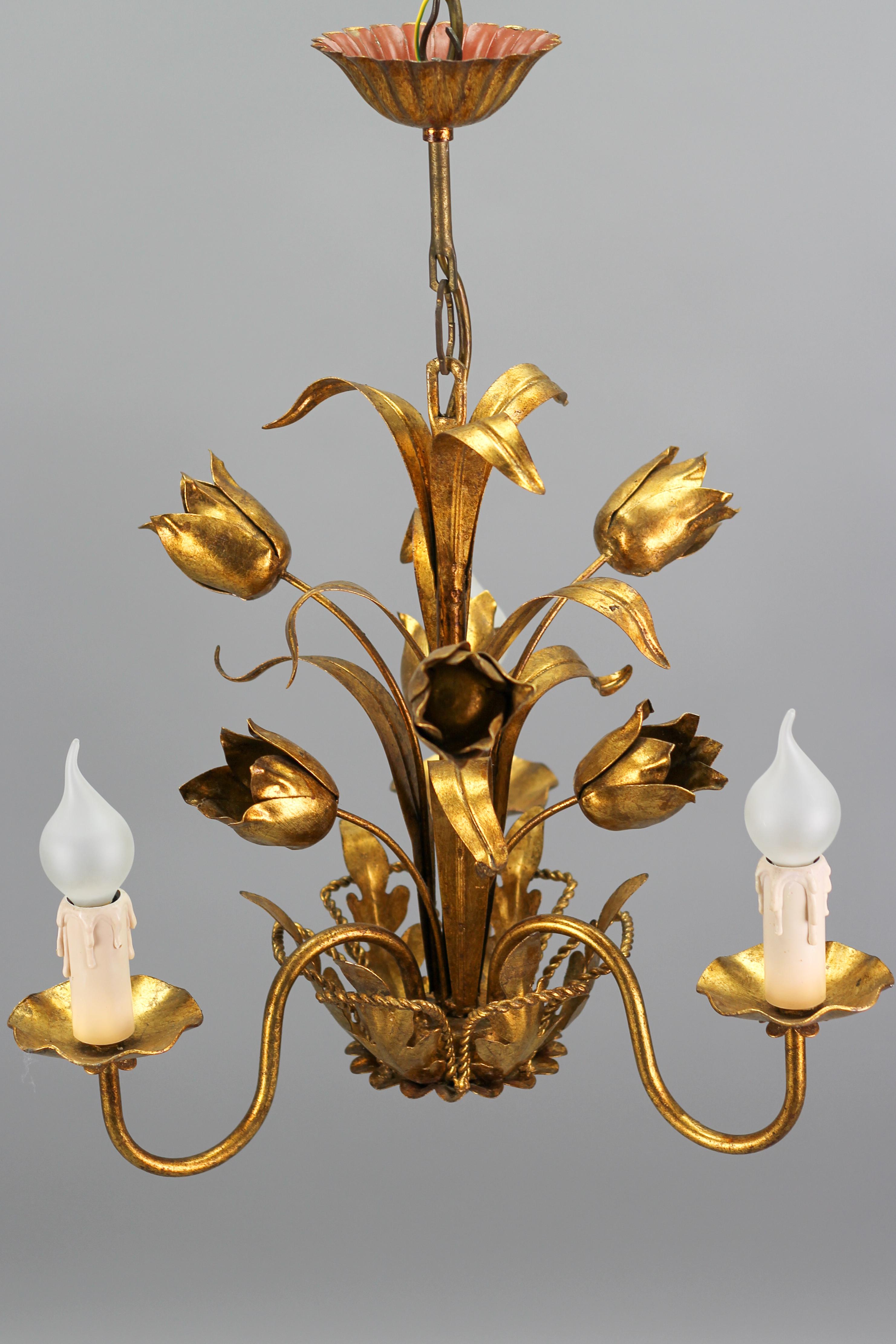 Hollywood Regency Italian Florentine Gilt Metal Three-Light Floral Chandelier