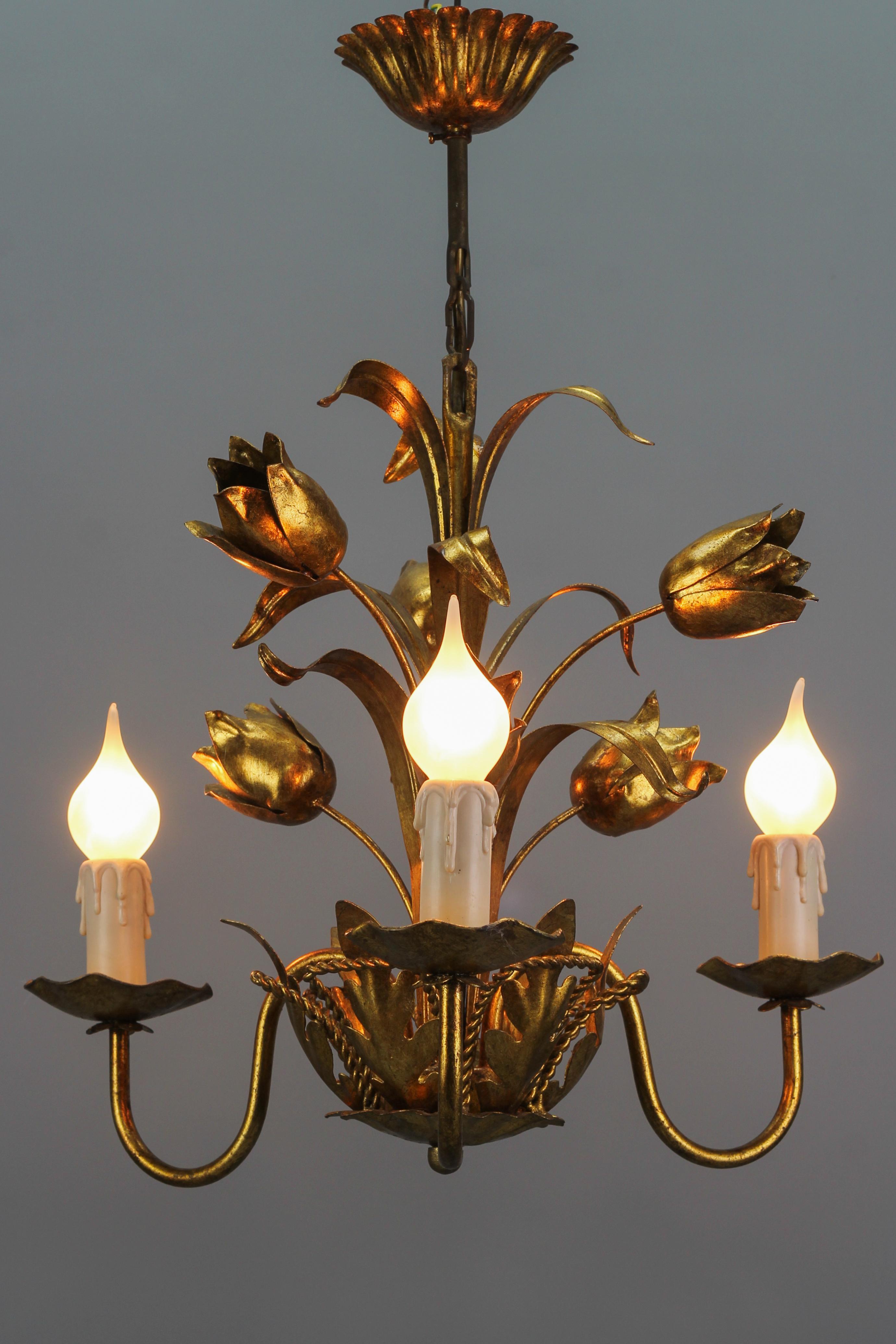 Late 20th Century Italian Florentine Gilt Metal Three-Light Floral Chandelier