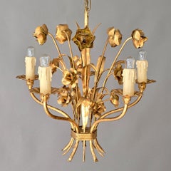 Italian Florentine Gilt Tole Floral Chandelier, 5 Lights, 1970s