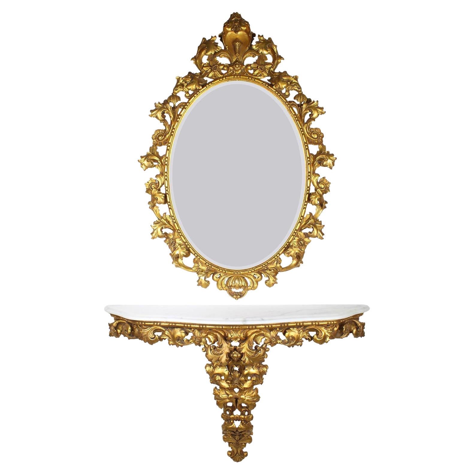 Ensemble console italien de style florentin en bois doré sculpté avec miroir ovale et plateau en marbre en vente