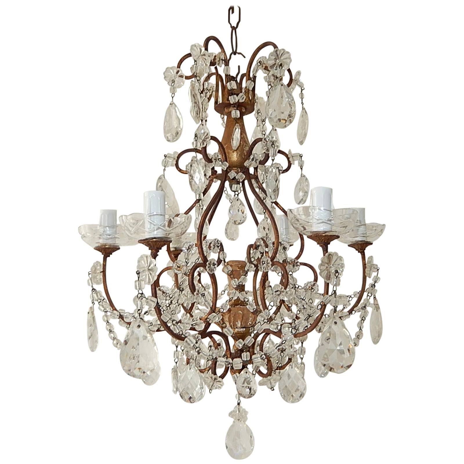 Italian Florentine Giltwood Crystal Prisms Chandelier, circa 1920 For Sale