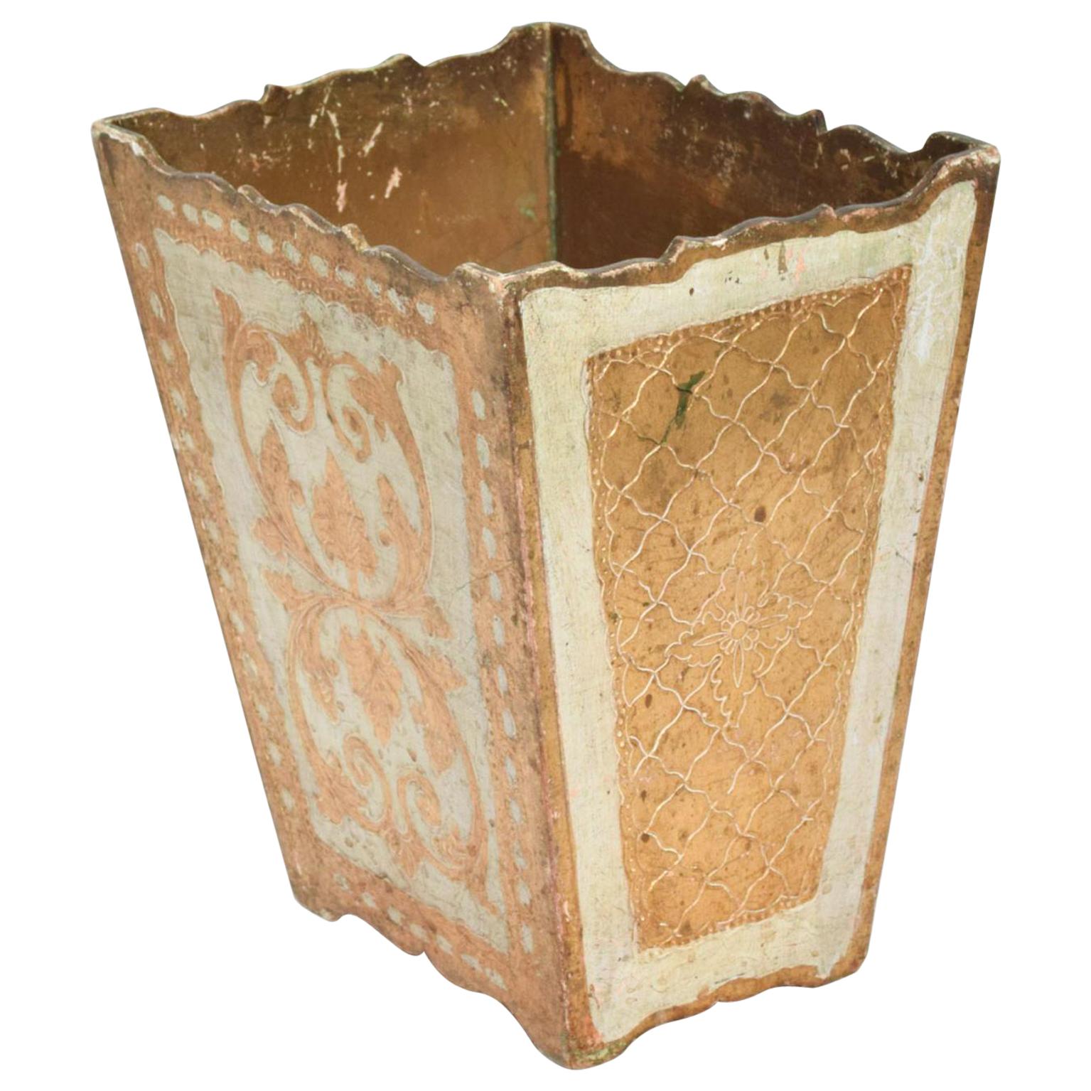 We are pleased to offer for you: Italian traditional Florentine neoclassical wastebasket trash can receptacle in giltwood gold with creamy ivory. Fancy Scalloped edges. Vintage Ornate elegance.
Stamped made in Italy. 
Dimensions: 12 H x 8 D x