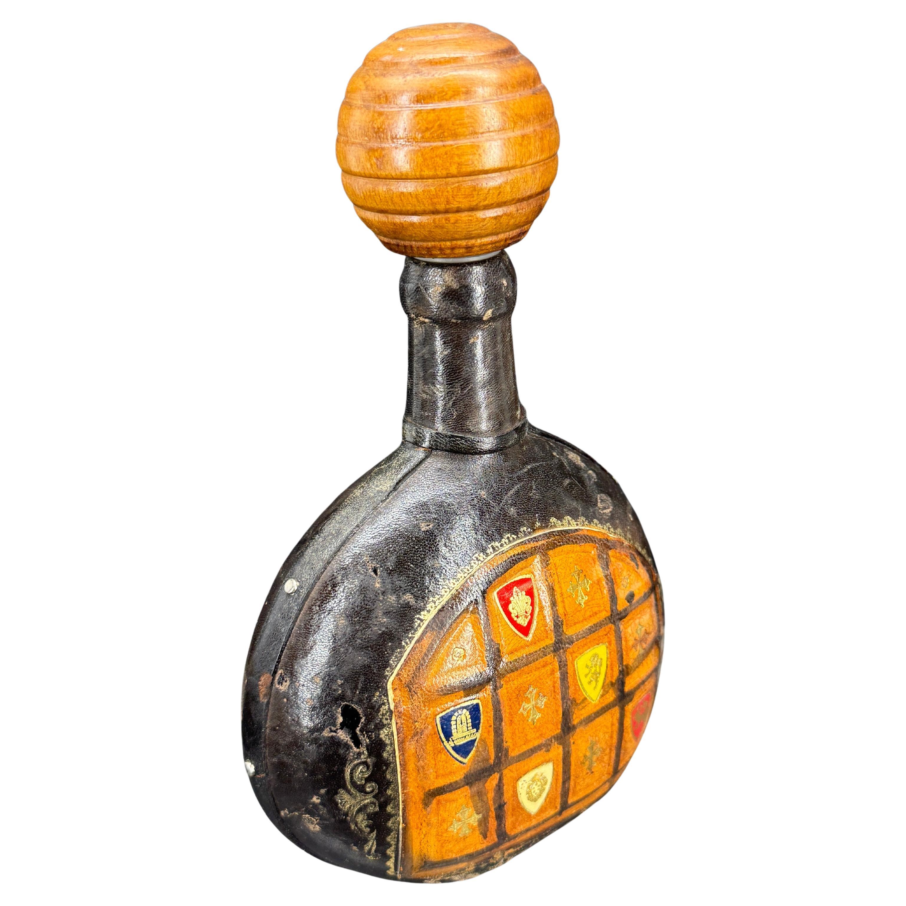 Decanter per liquori in pelle di vetro italiano Florentine Mid-Century Modern in vendita
