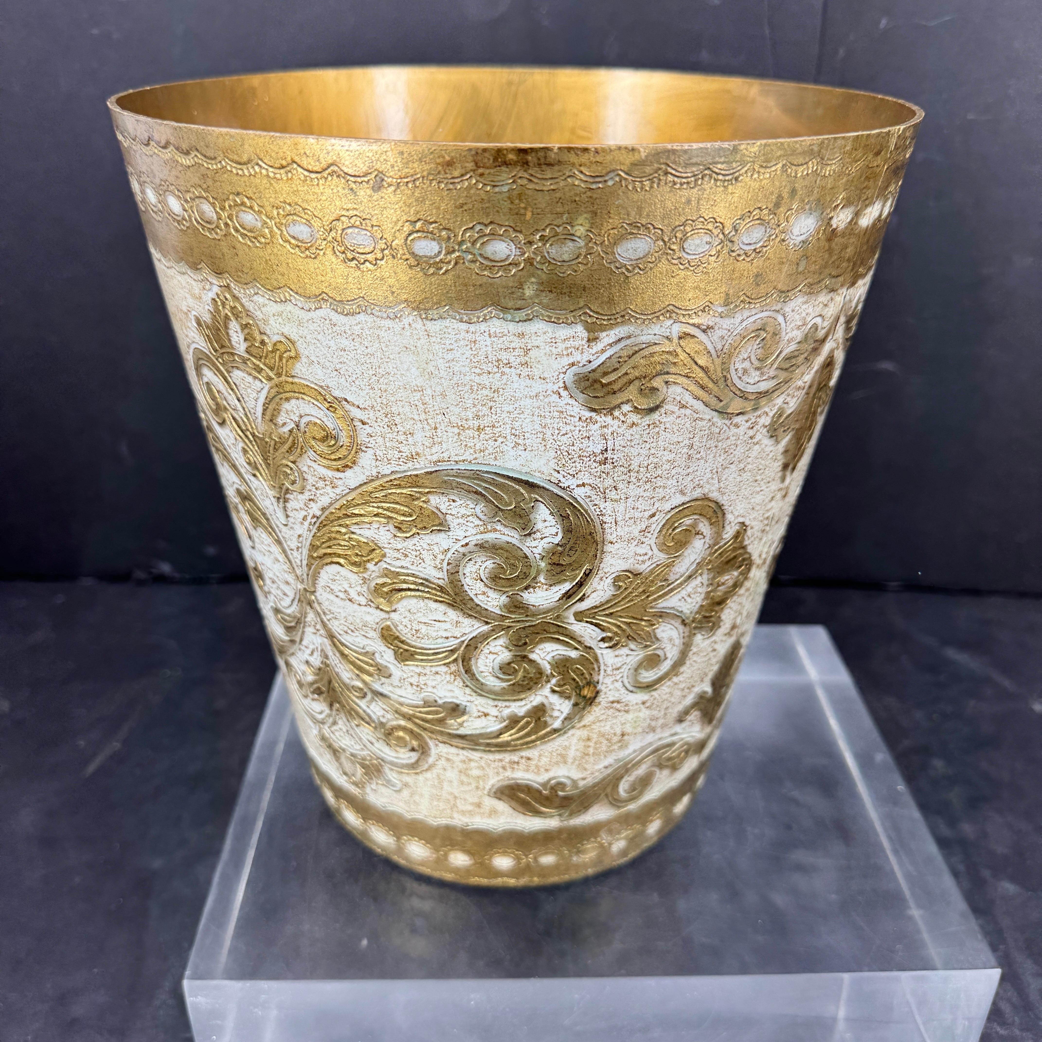 Mid-Century Modern Italian Florentine Gold and Cream Wastebasket Trash Can