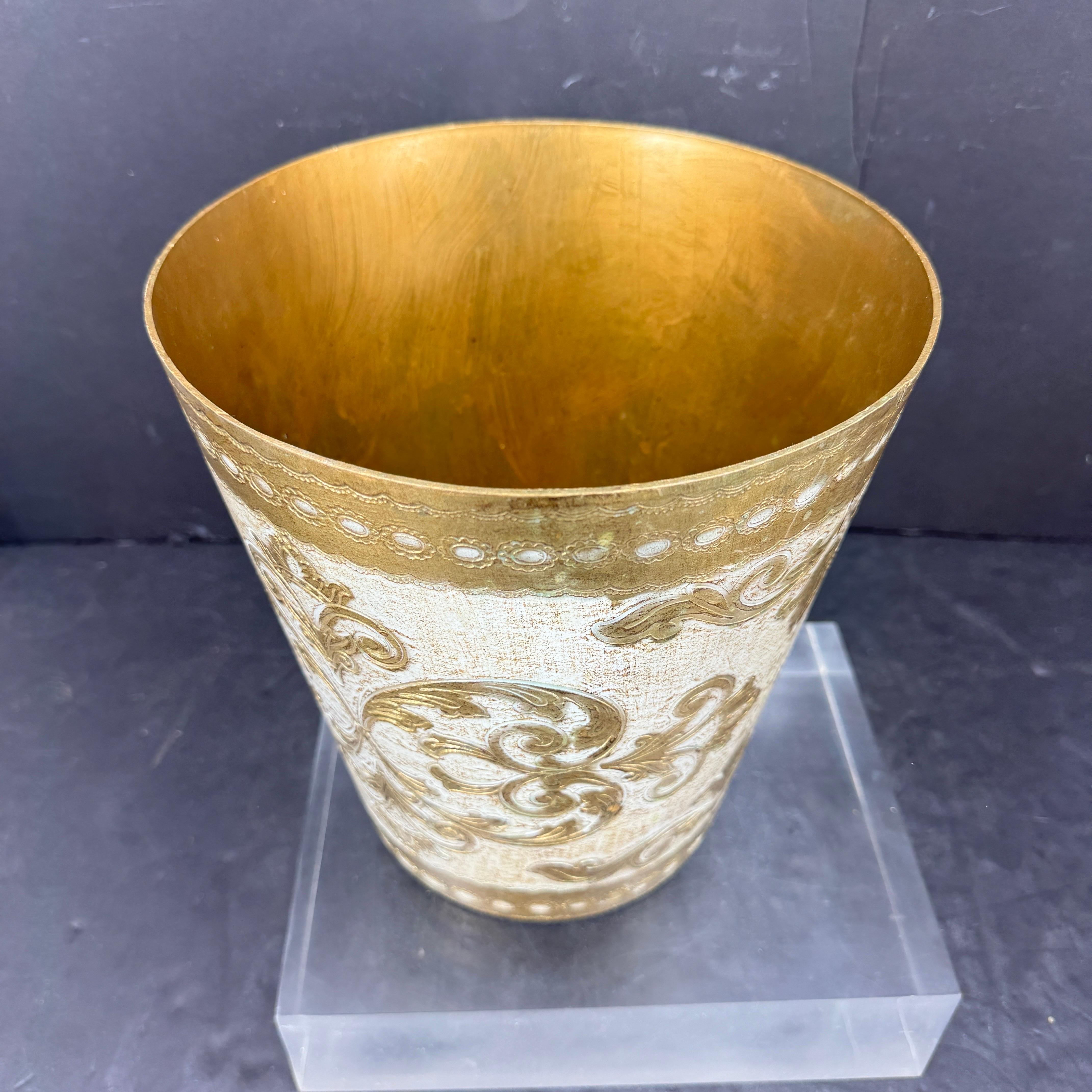 Hand-Crafted Italian Florentine Gold and Cream Wastebasket Trash Can