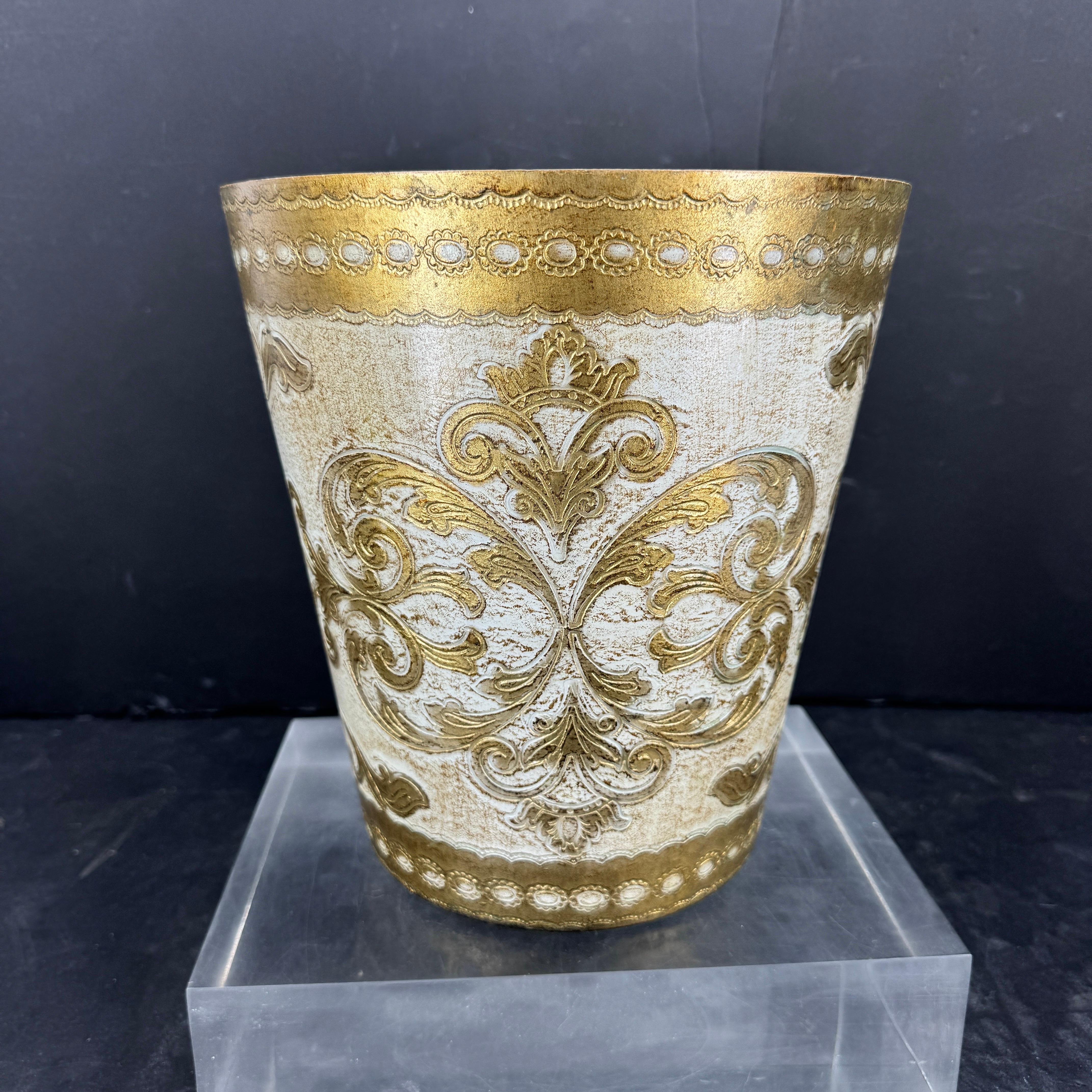 Epoxy Resin Italian Florentine Gold and Cream Wastebasket Trash Can