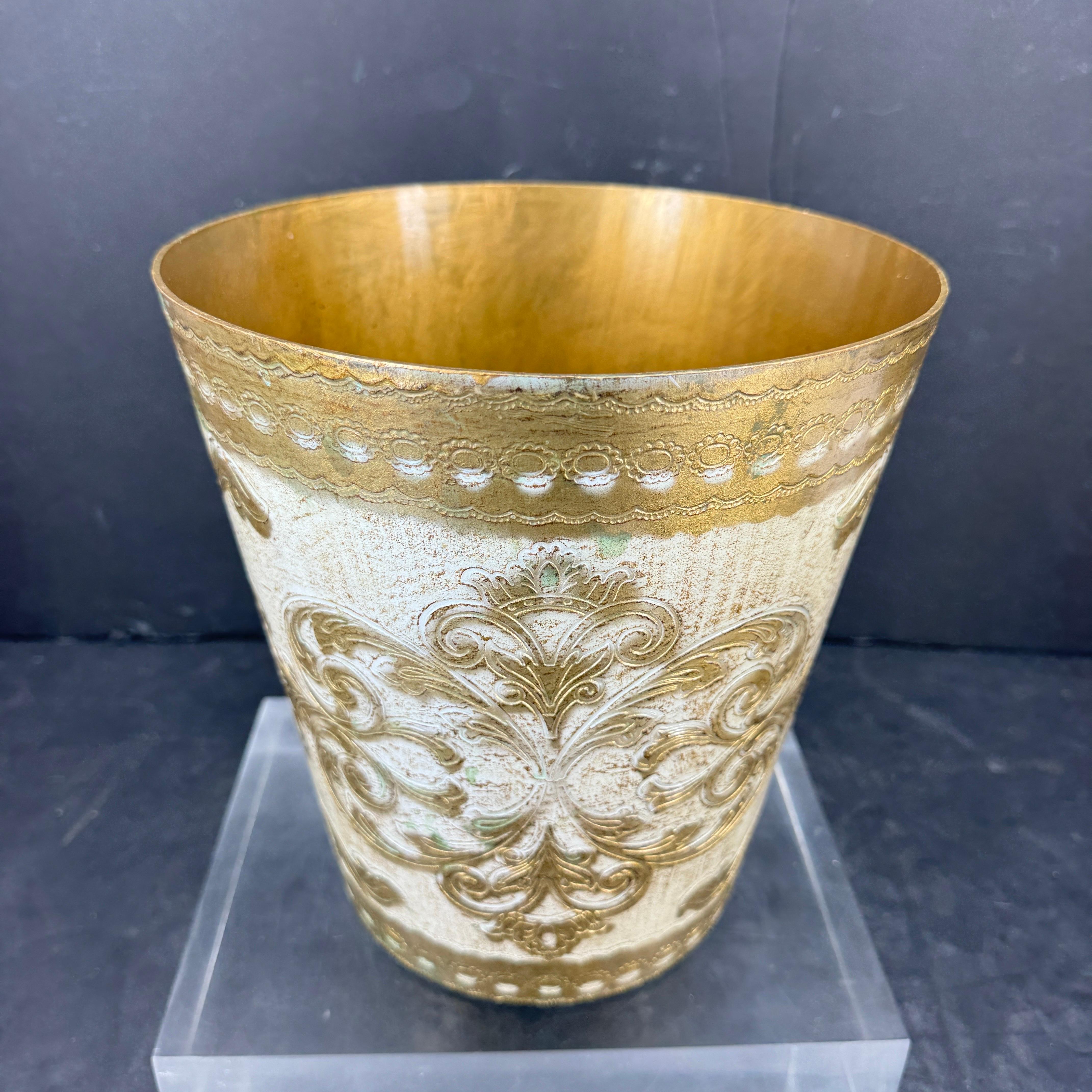 Italian Florentine Gold and Cream Wastebasket Trash Can 1