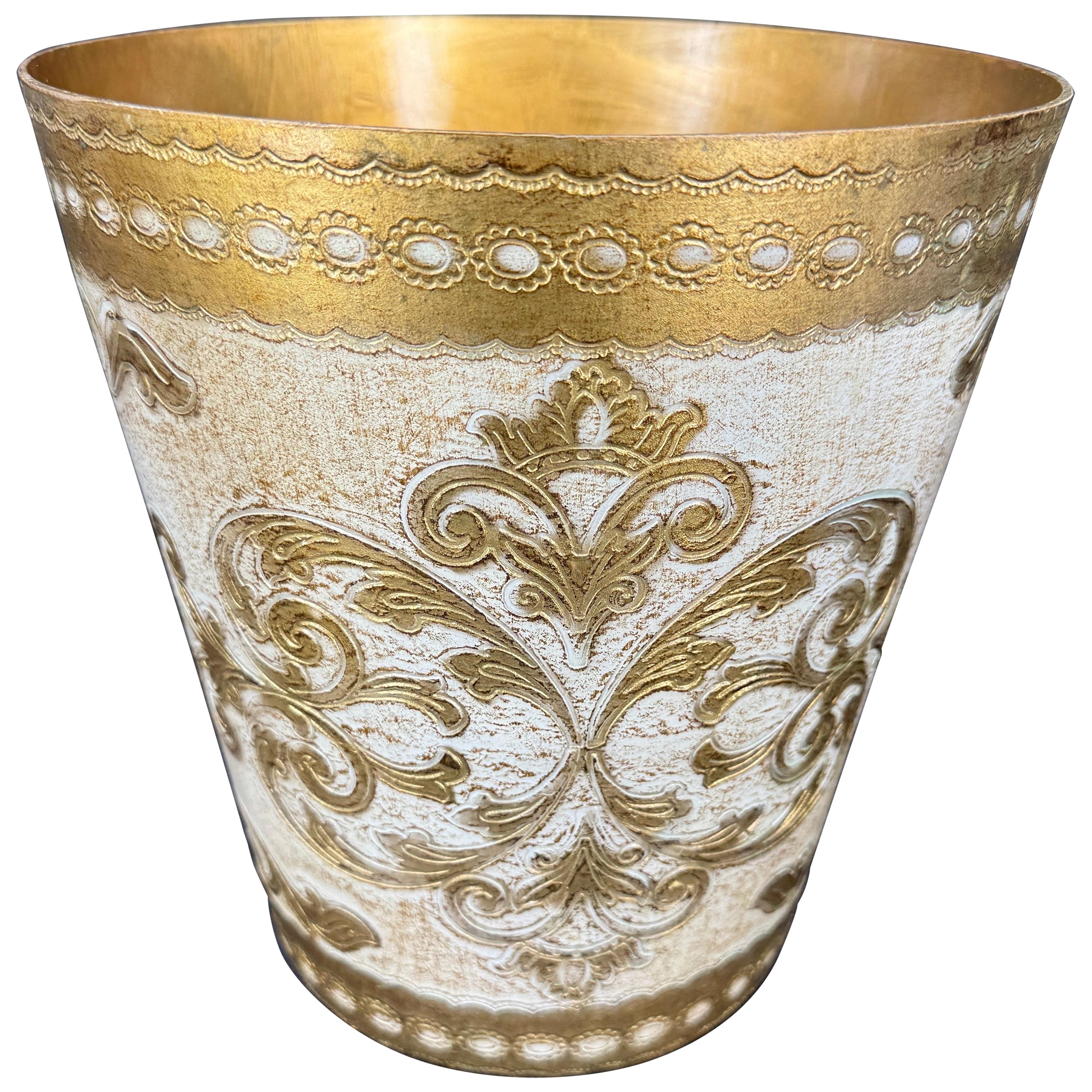 Italian Florentine Gold and Cream Wastebasket Trash Can