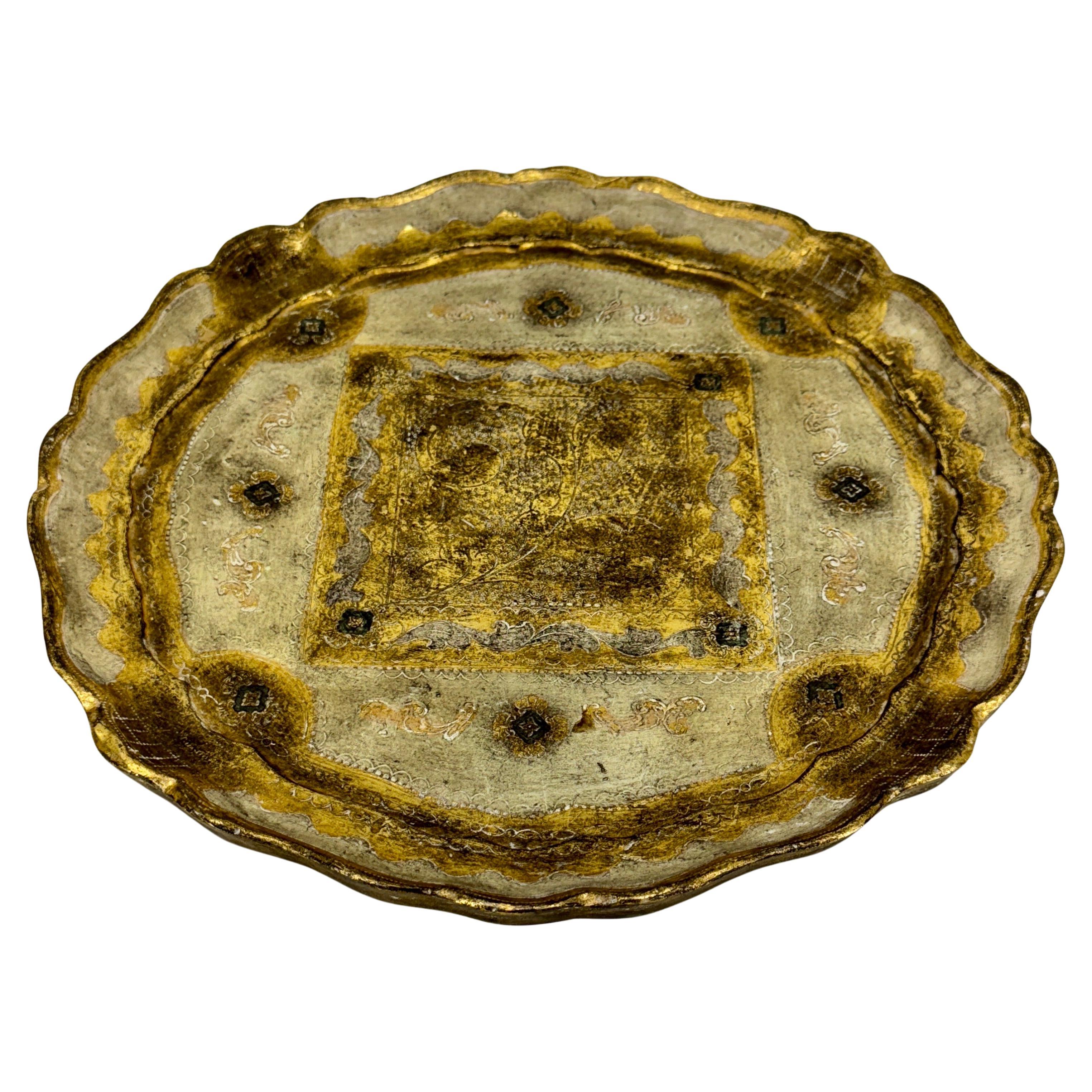 Mid-Century Modern Italian Florentine Gold Gilt Ivory Vintage Wood Round Tray  For Sale